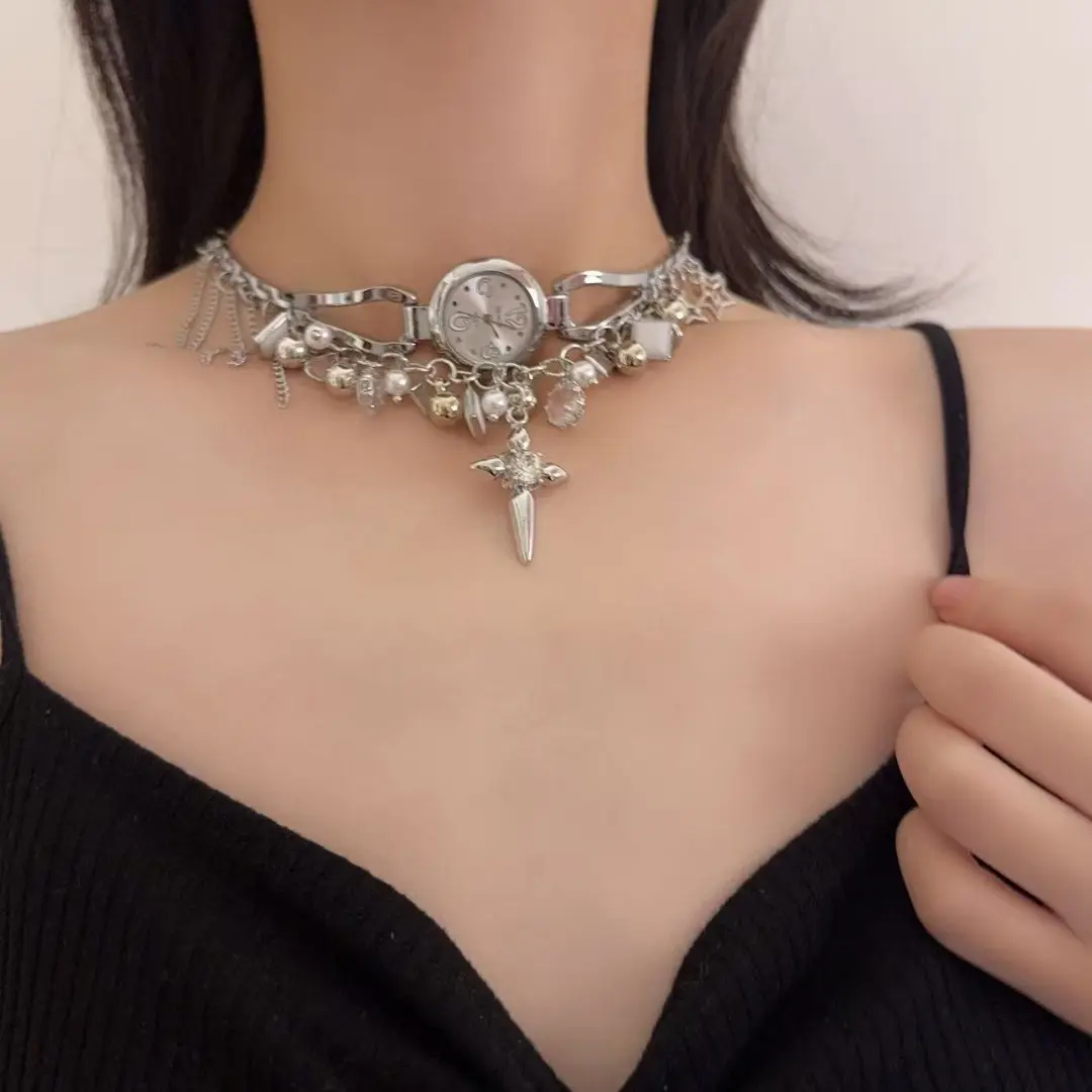 Vintage Heart Clock Dial Faux Pearl Choker, Gothic Punk Metal Bowknot Solid Heart Multi Tassel Layered Necklace, Alt Y2K Grunge Hand Spliced Rhinestone Inlaid Close-Fitting Collarbone Choker Jewelry for Concert Daily Casual Outfit Matching