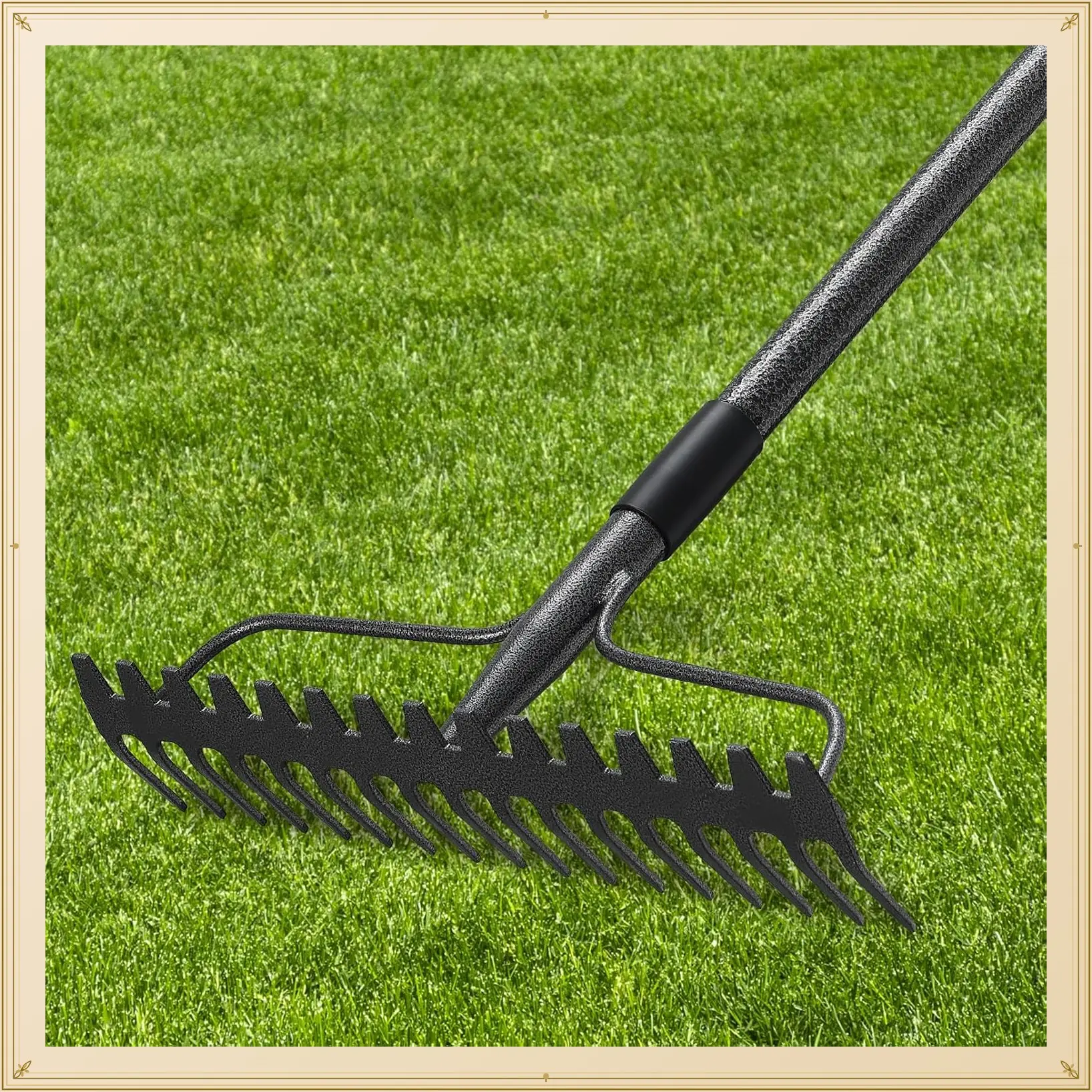 63'' Bow Rake ，17 Tines Metal Head Rakes with Stainless Steel Handle，Heavy Duty Garden Rake for Loosening Soil Gathering Leaf Leveling Lawn Farming Land Management Yarn Thatch RakeGift