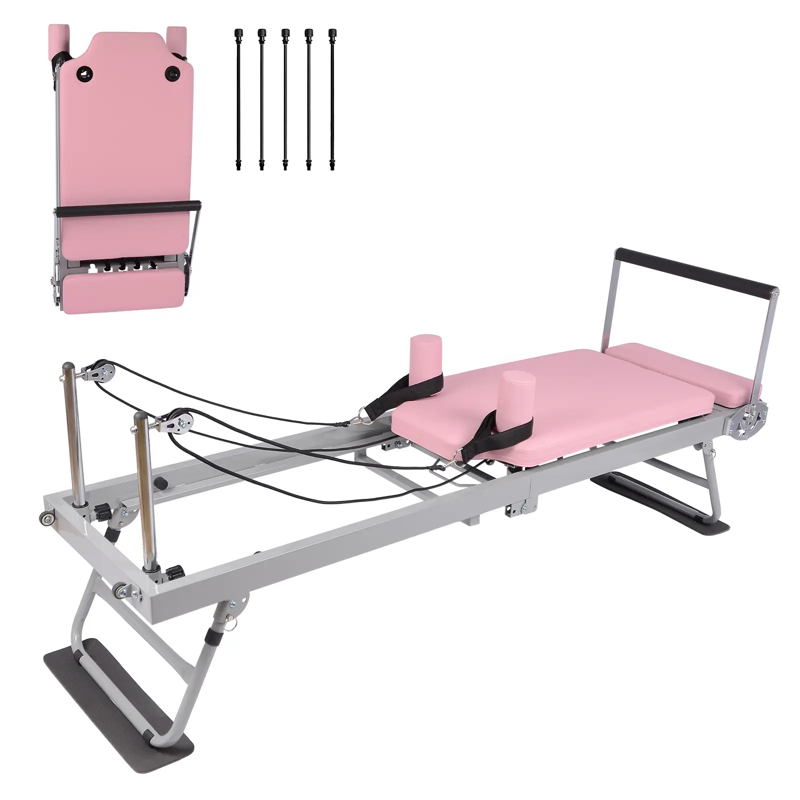 Collapsible Pilates Reformer Machine for Home Gym – Pink, Dual Resistance Springs & Cords, Portable Professional Pilates Equipment, Quiet Workout for All Levels