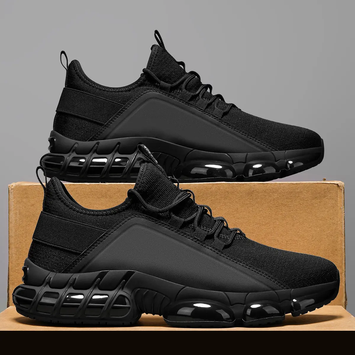 Men's Road Running Shoes - Black Lightweight Low Top Fit Synthetic Nylon Sneakers with Rubber Outsole for Gym & Training