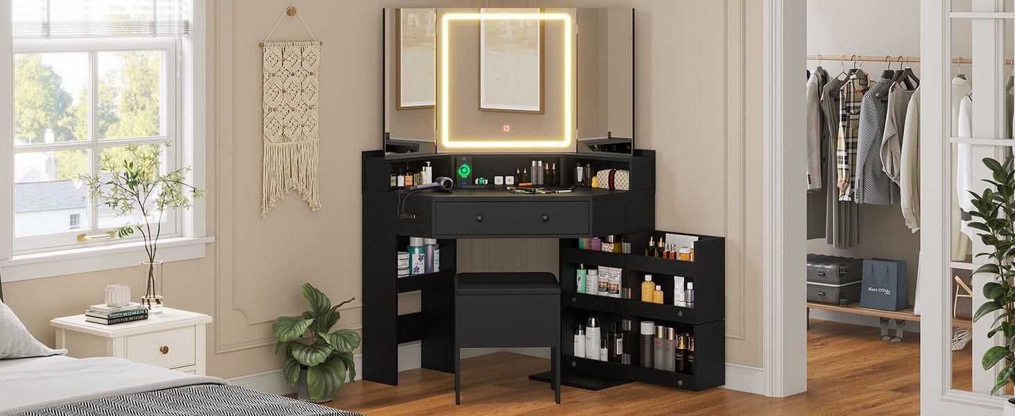 Corner Makeup Vanity with Tri-Fold Mirror and Cushioned Storage Stool Black