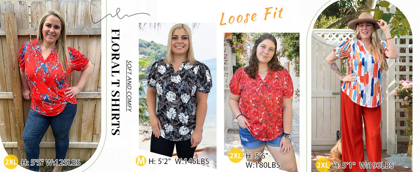 WIHOLL Women's Pleated Puff Sleeve Tops Summer V Neck Tunic Shirts Loose Curved Hem Blouses Dressy Casual S-3XL SpringStatements