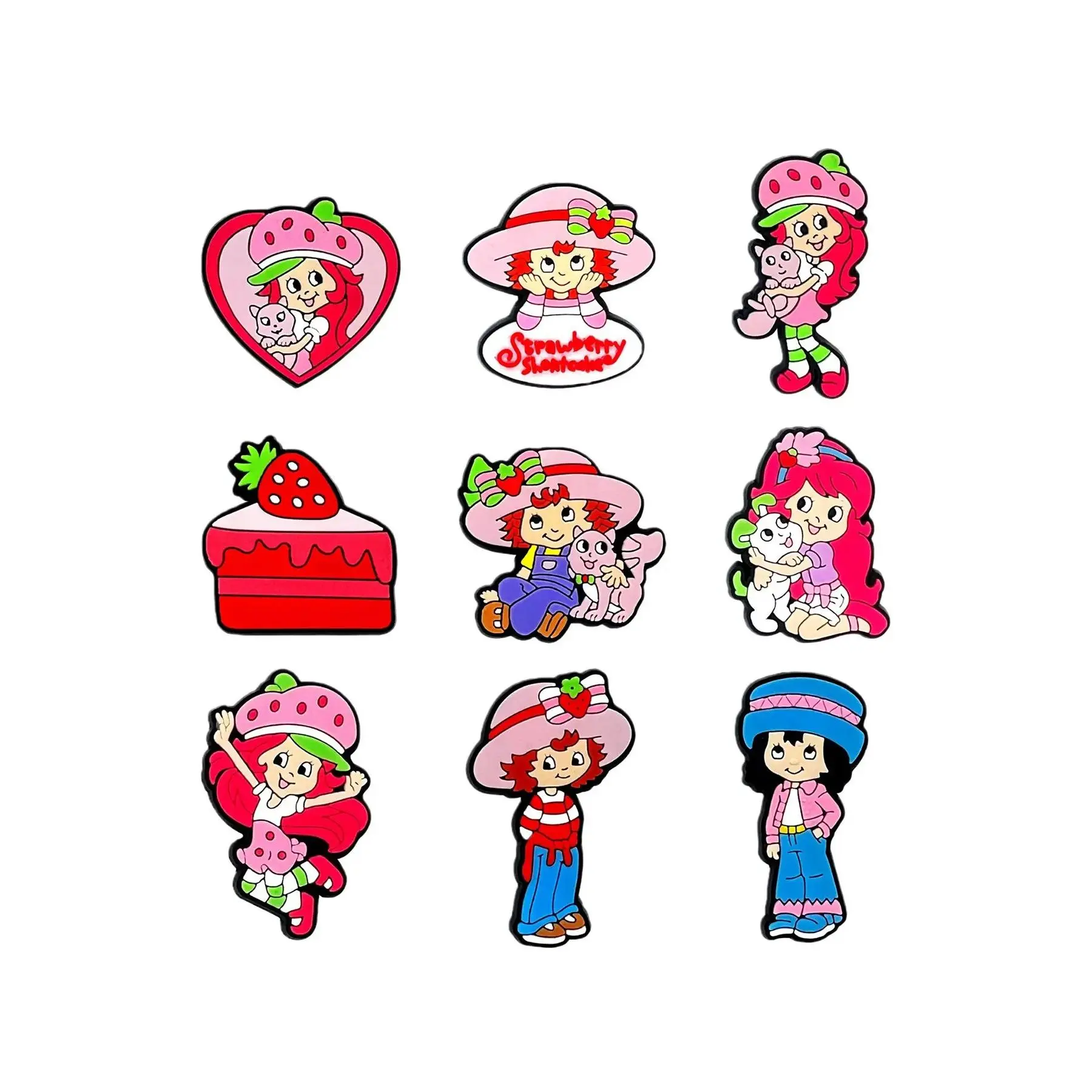 9pcs PVC Plastic Cartoon Strawberry Girl Shoe Charms - Print, Cute Look Footwear Decor for Crocs, Fashionable Novelty Horns Chain Accessory Gift Boys & Girls # diy Football Themed decorative charm fit hole Gothic Punk custom your soft, Print accessories