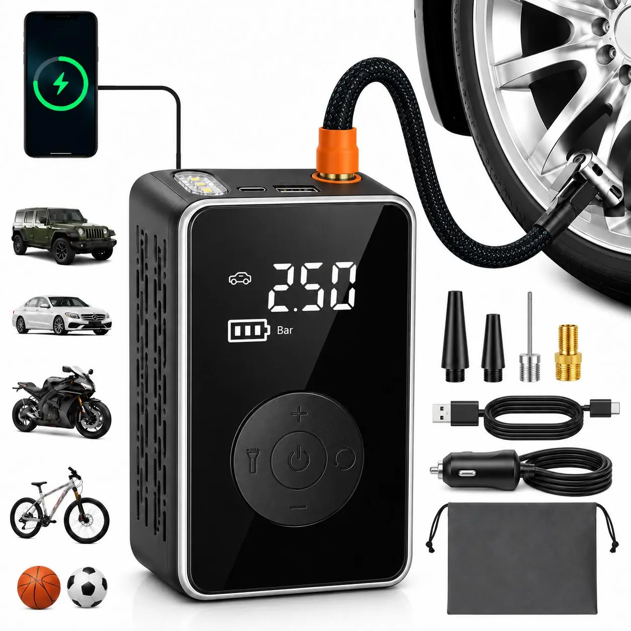 Car Tire Inflator, Compact Rechargeable Automatic Tire Inflator Tool - Wireless Car Repair Air Compressor with Digital Display, LED Light, USB Charging, Multi-Function Nozzle Adapter for Cars/Bikes