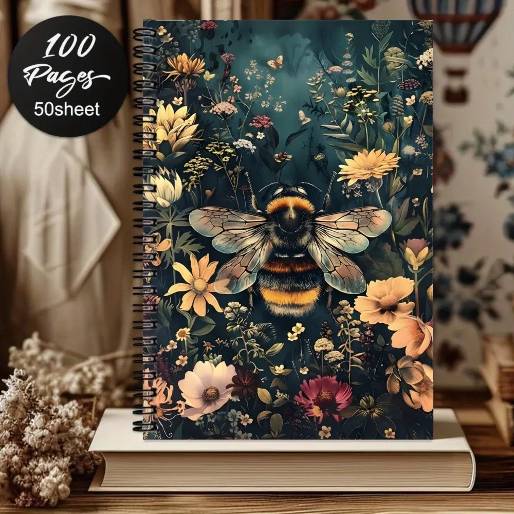 Vintage Bee Floral Coil Notebook, Boho Retro Style, Ideal for Students, Bullet Journal Lovers, Personal Notes, Unique Gift Idea