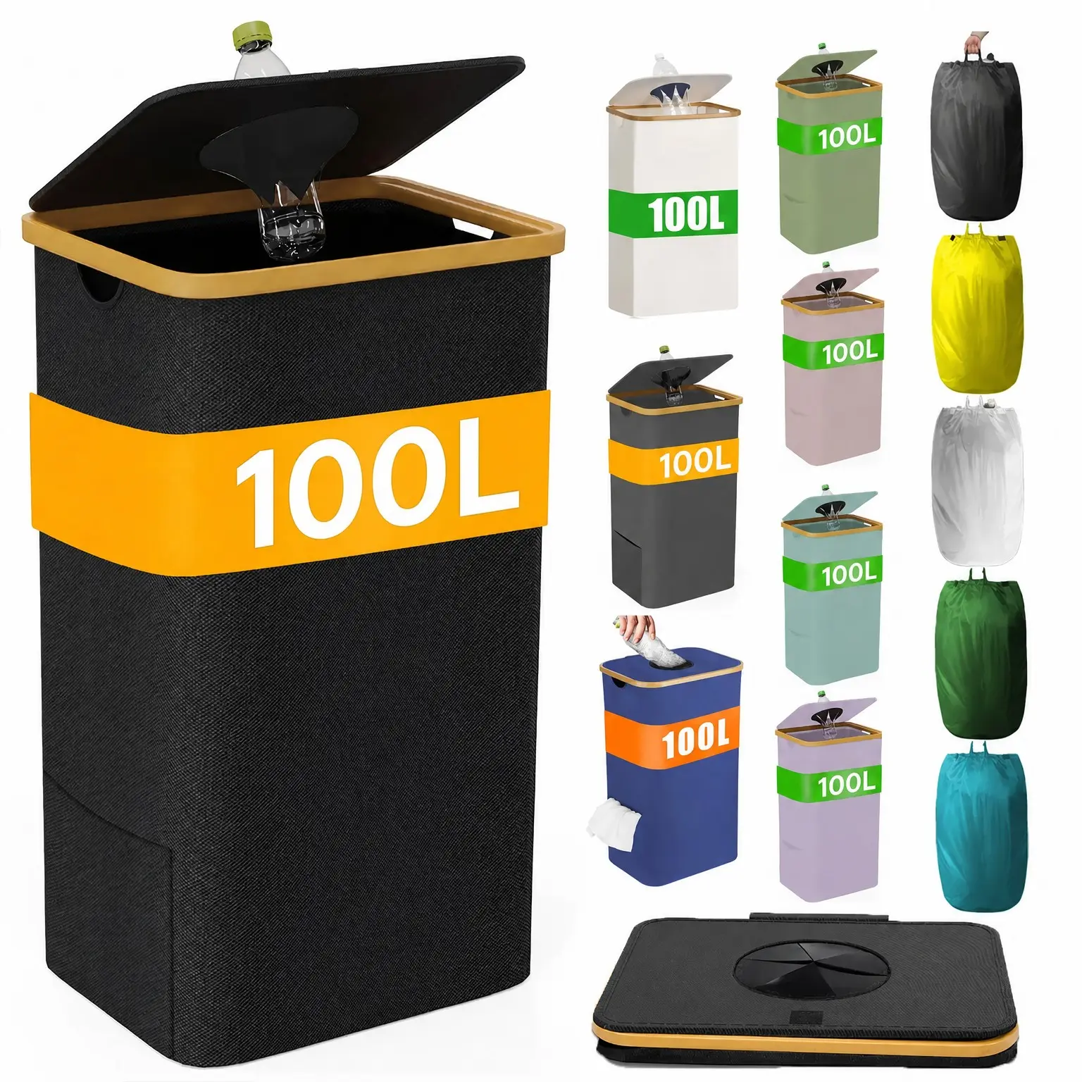 1 Piece 100L Bottle Collector, Indoor Recycling Bin, Multifunctional Storage Bin, Large Capacity Foldable Storage Basket, Bamboo Frame Oxford Cloth Material