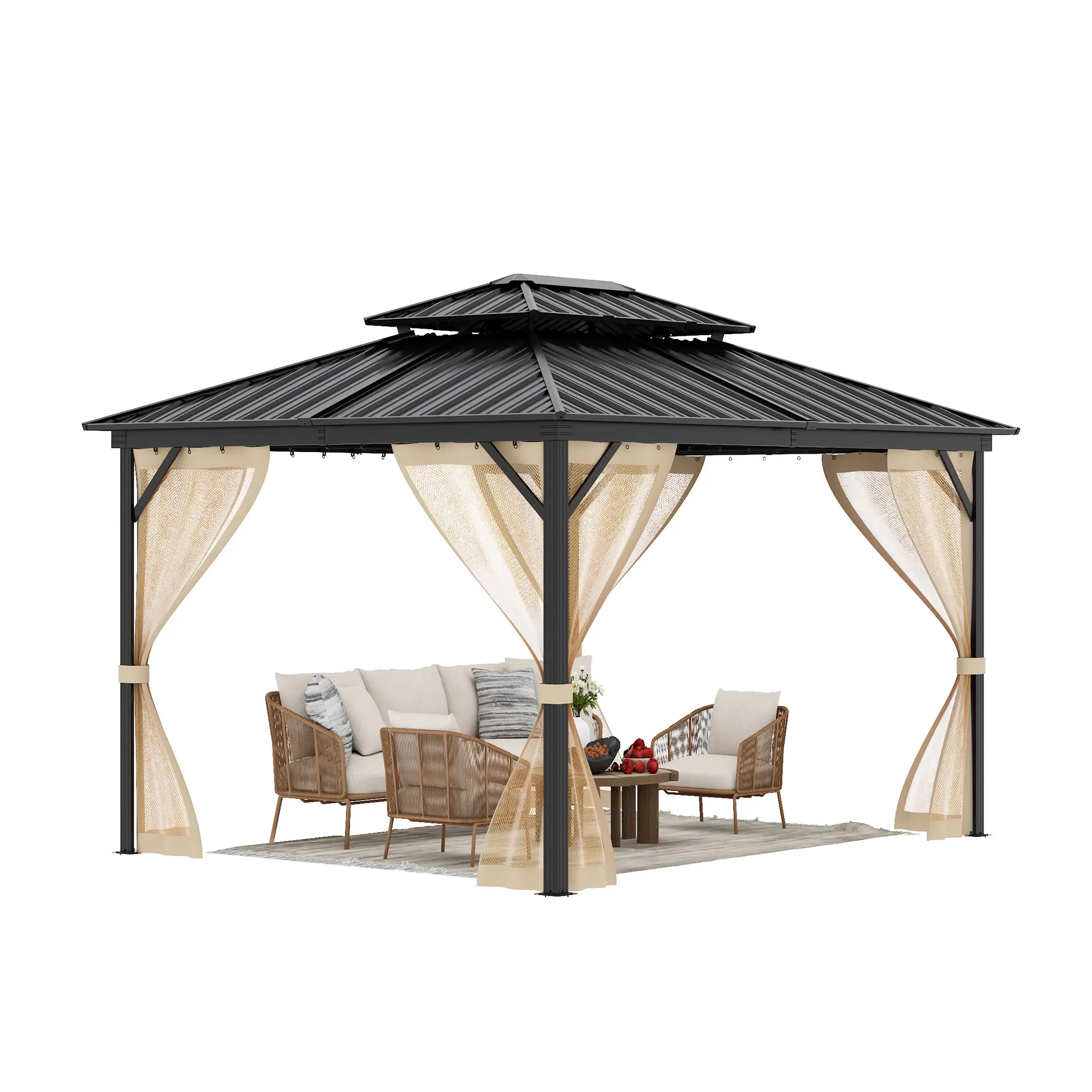 High-Quality 10'x14' Hardtop Gazebo Outdoor Patio - Double Metal Roof, Sturdy Aluminum Frame, Curtains & Netting, Weather-Resistant Pavilion for Patio, Backyard, All-Season Enclosure
