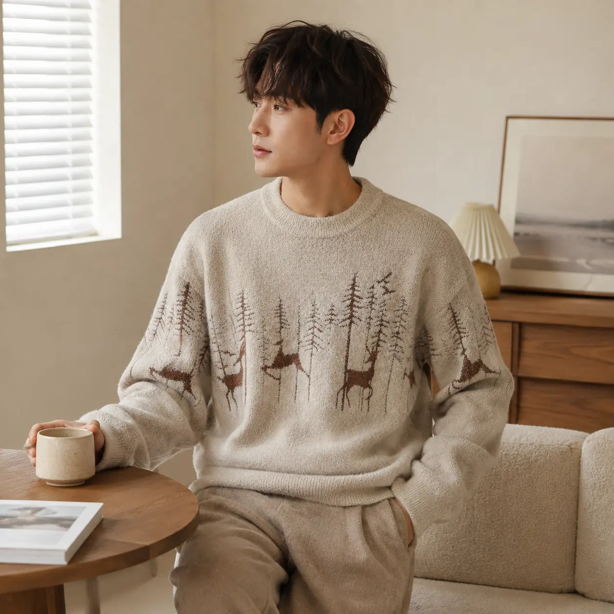 Men's Winter Sweater Crew Neck Knit Pullover, Soft Fuzzy Deer Forest Pattern Sweater for Men, Cozy Long Sleeve Casual Tops, Vintage Nordic Style Christmas Sweater, Warm Lightweight Knitwear for Fall Winter, Relaxed Fit Outdoor Everyday Wear, Holiday Gift