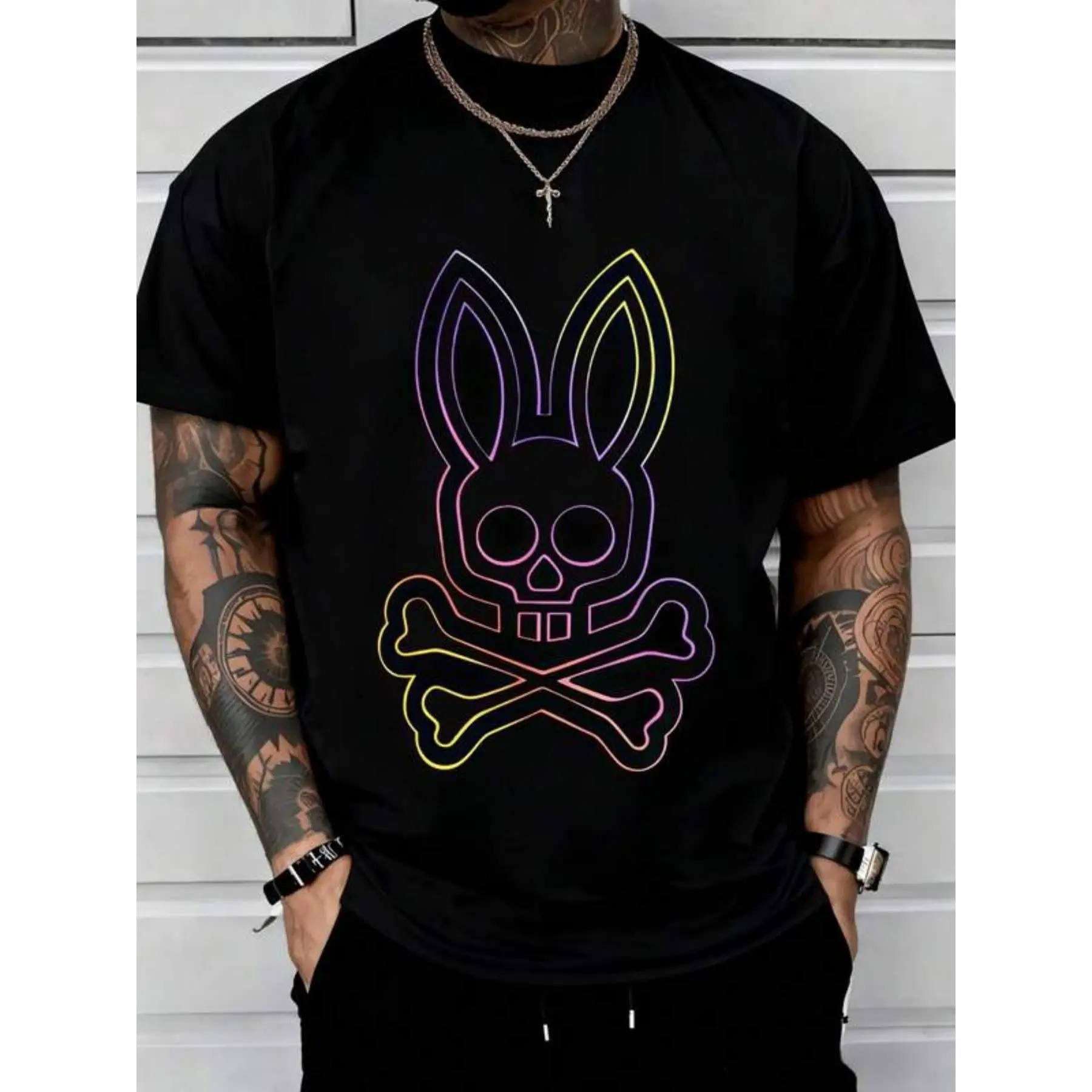Men's Black Short Sleeve T shirt with Neon Bunny Bone Print, Cotton Casual Crew Neck Regular Fit, Soft and Breathable, Suitable for All Seasons, Daily Commute & Casual Wear, Great for Matching, Perfect for Holiday Gifts for Friends Bone Print Tee Crewneck
