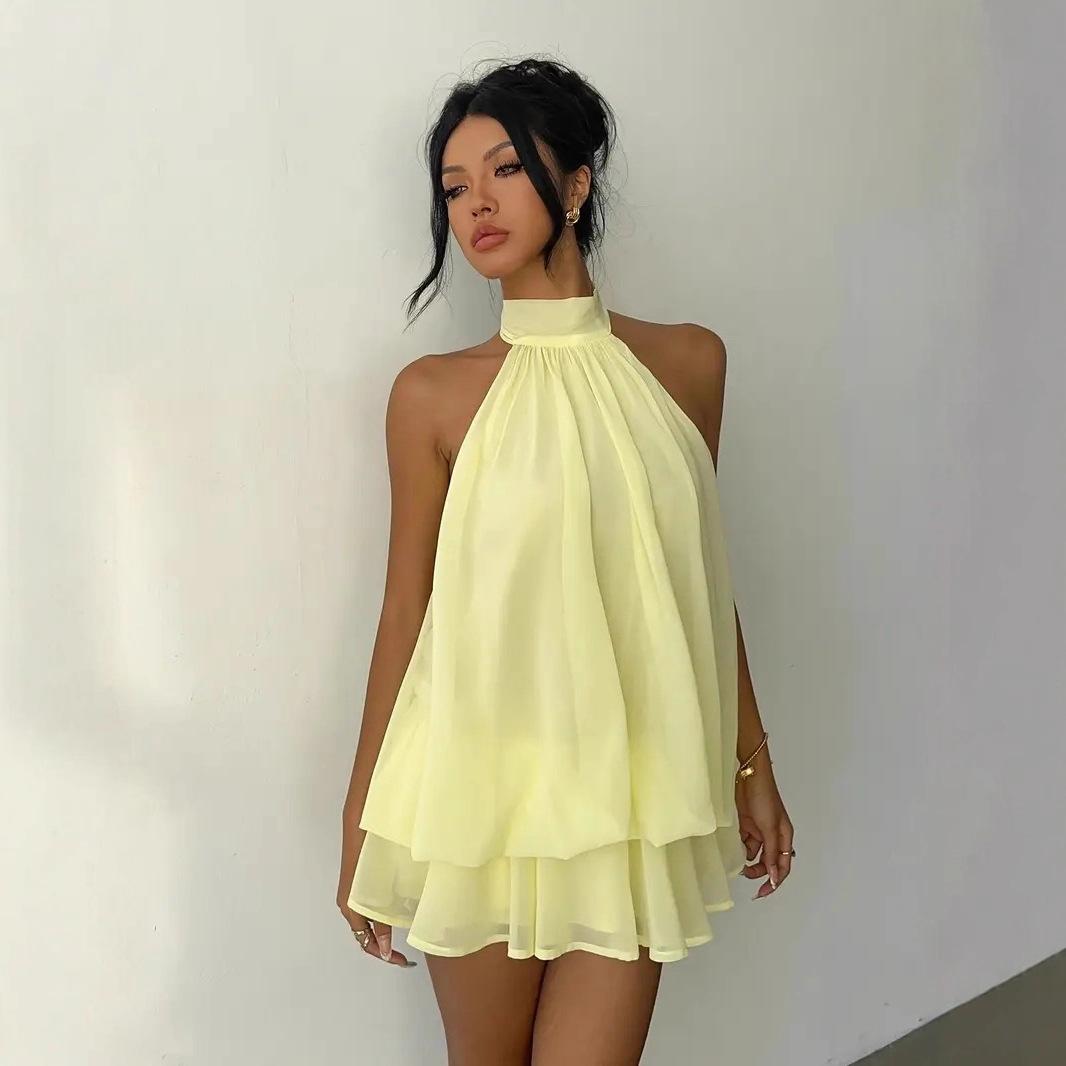 Holiday slim fit fashionable and sexy backless neck strap waist versatile solid color dress