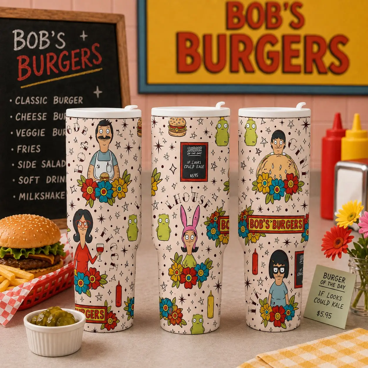 Bob’s Burgers 40oz Tumbler, Cartoon Burger Cup with Handle Lid Straw, Insulated Travel Mug, Fun Restaurant Gift