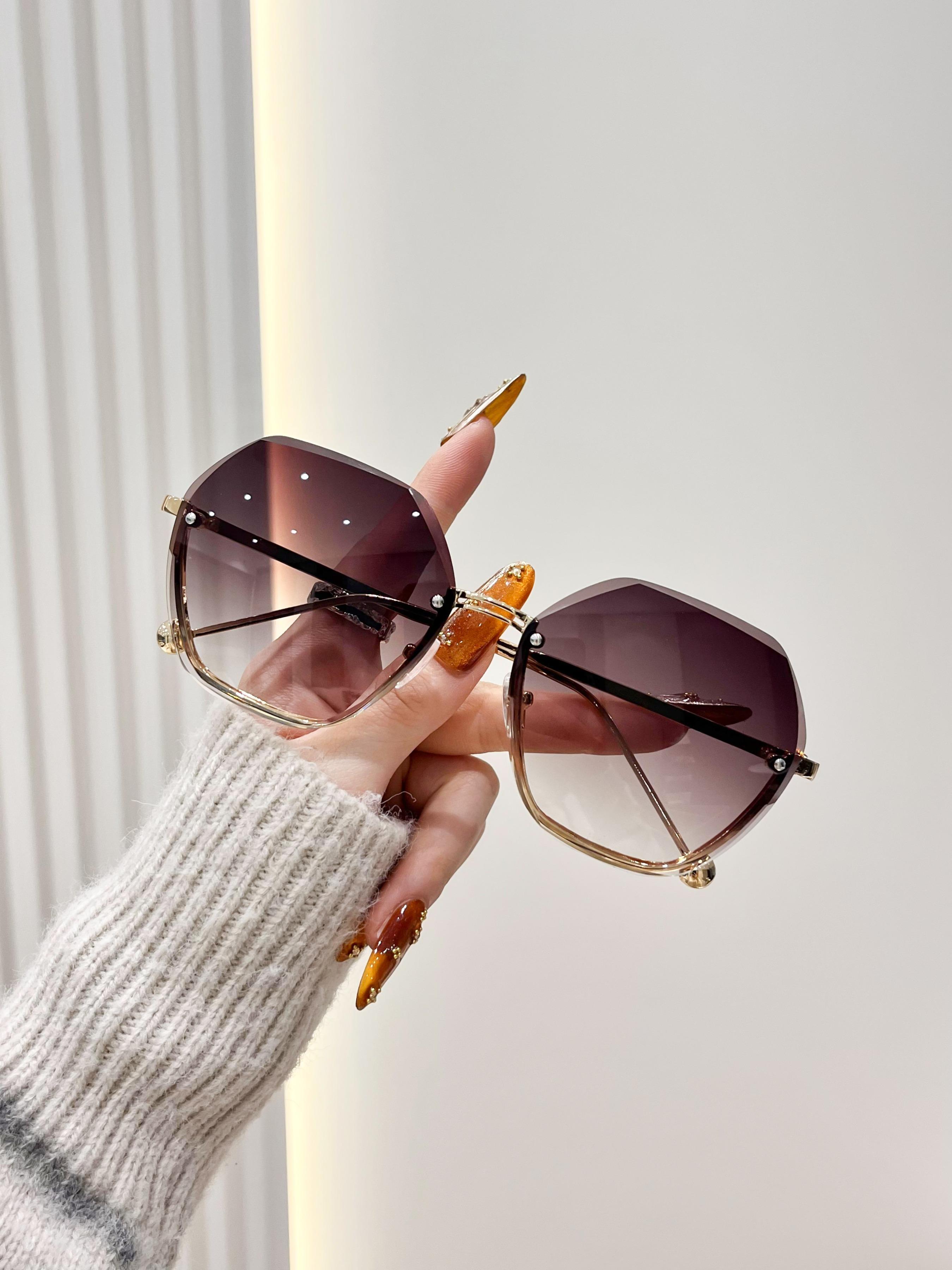 Elegant Gold Gradient Frameless Sunglasses for Women, Hexagonal Large Metal Arms, UV Protection Multi-Color Shades Ideal for Party, Daily Wear, Travel & Holiday Gifting