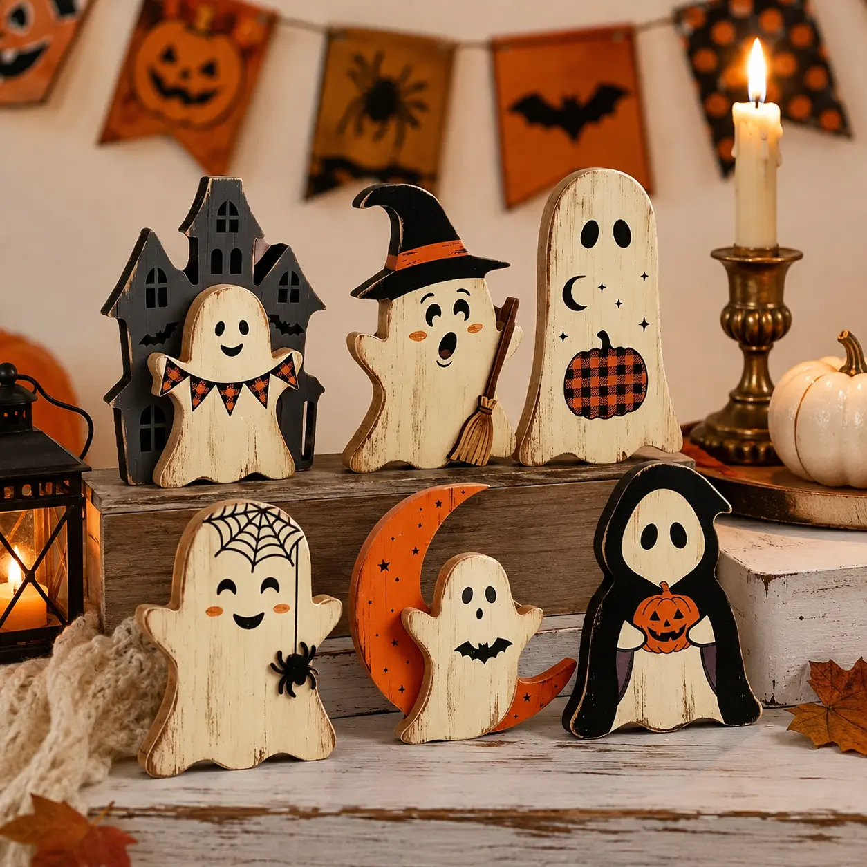 6PCS Halloween Wooden Shelf Sitters Set - Spooky Cute Ghost Pumpkins, Black Cat Table Decor with Rustic Look, Party Ready Farmhouse Tiered Tray Autumn Home Office Decorations
