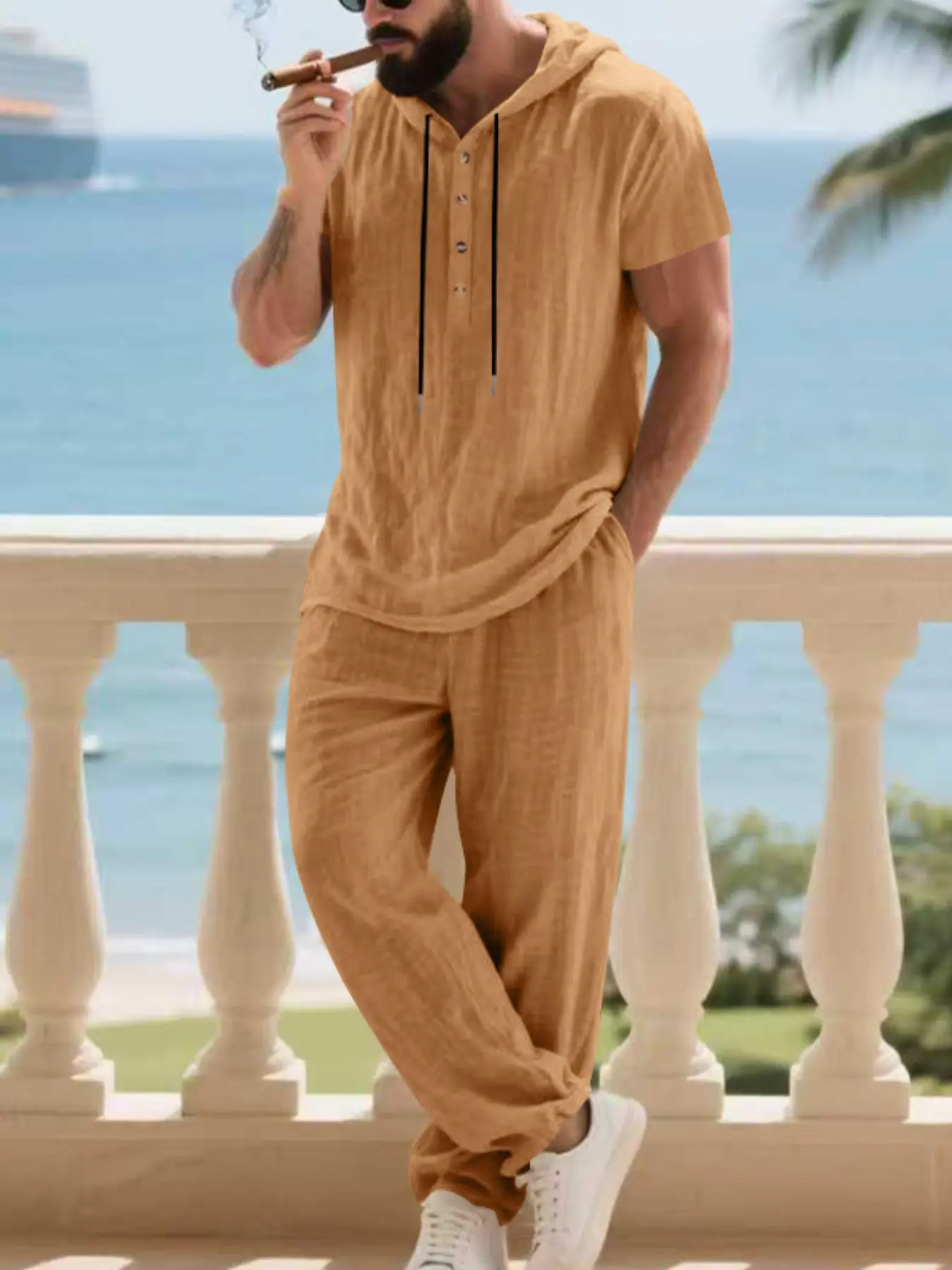 Men's Casual Linen Hoodie Set, Fall Fashion Tropical Loose Fit Short Sleeve Henley Shirt & Long Trouser Pants, European Style Comfortable