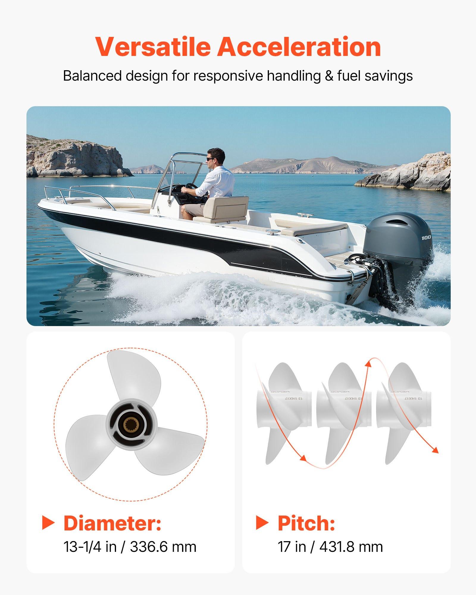 VEVOR Outboard Propeller, Upgrade OEM 15 Spline Tooth Aluminum Outboard Boat Propeller Fit Yamaha Engines 50-130 HP, 4-1/4" Gearcase, 3-Blade, RH (Right Hand Rotation), OEM Parts No. 6E5-45945-01-EL.