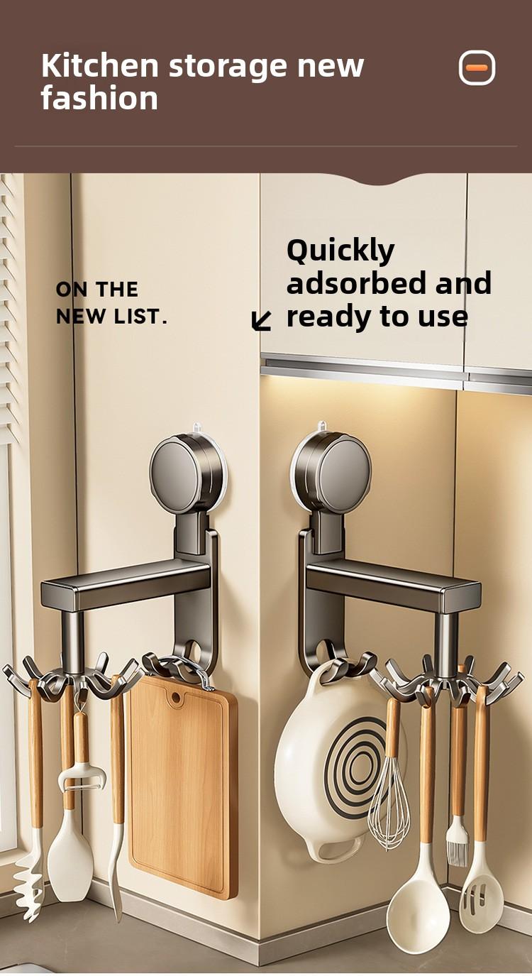 Aluminum Material Powerful Suction Cup Kitchen Rotating Hook Storage Rack No-Nail Wall-Mounted for Spatulas Spoons and Utensils Organiser Installation