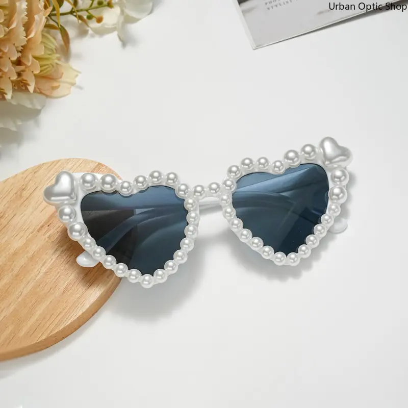 XUH Women's Elegant Heart-Shaped Sunglasses - Adult Full Pearl-Trimmed White Statement Frame Glasses, 3D Heart Detail, Dark Tinted UV400 Sun Protection Lenses - All Seasons Fashion Eyewear for Bachelorette Party, Heart-Shaped Glasses Women's Frames