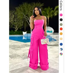 Women's Plain or All-Over Print Multi-Pocket Wide-Leg Cargo Jumpsuit, Casual Backless Spaghetti Strap Sleeveless Cami Jumpsuit with Ribbon Detail, Women's Streetwear, Summer Jumpsuit