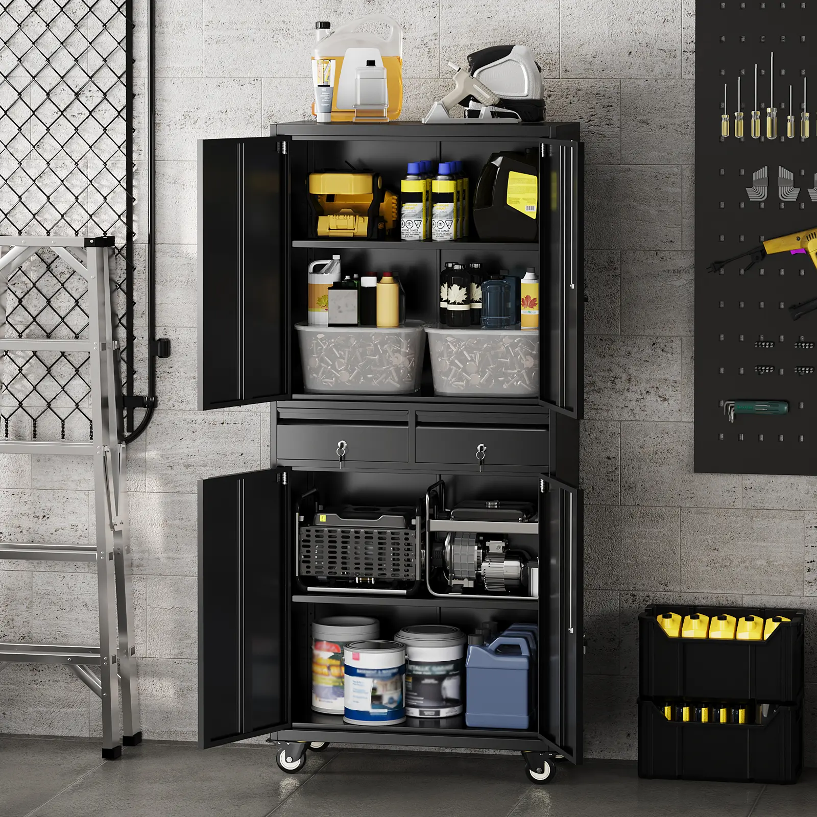 Heavy-Duty 73in Rolling Steel Storage Cabinet with Lockable Doors, 2 Drawers and Customizable Adjustable Shelves, Industrial Metal Organizer Perfect for Garage and Entryway