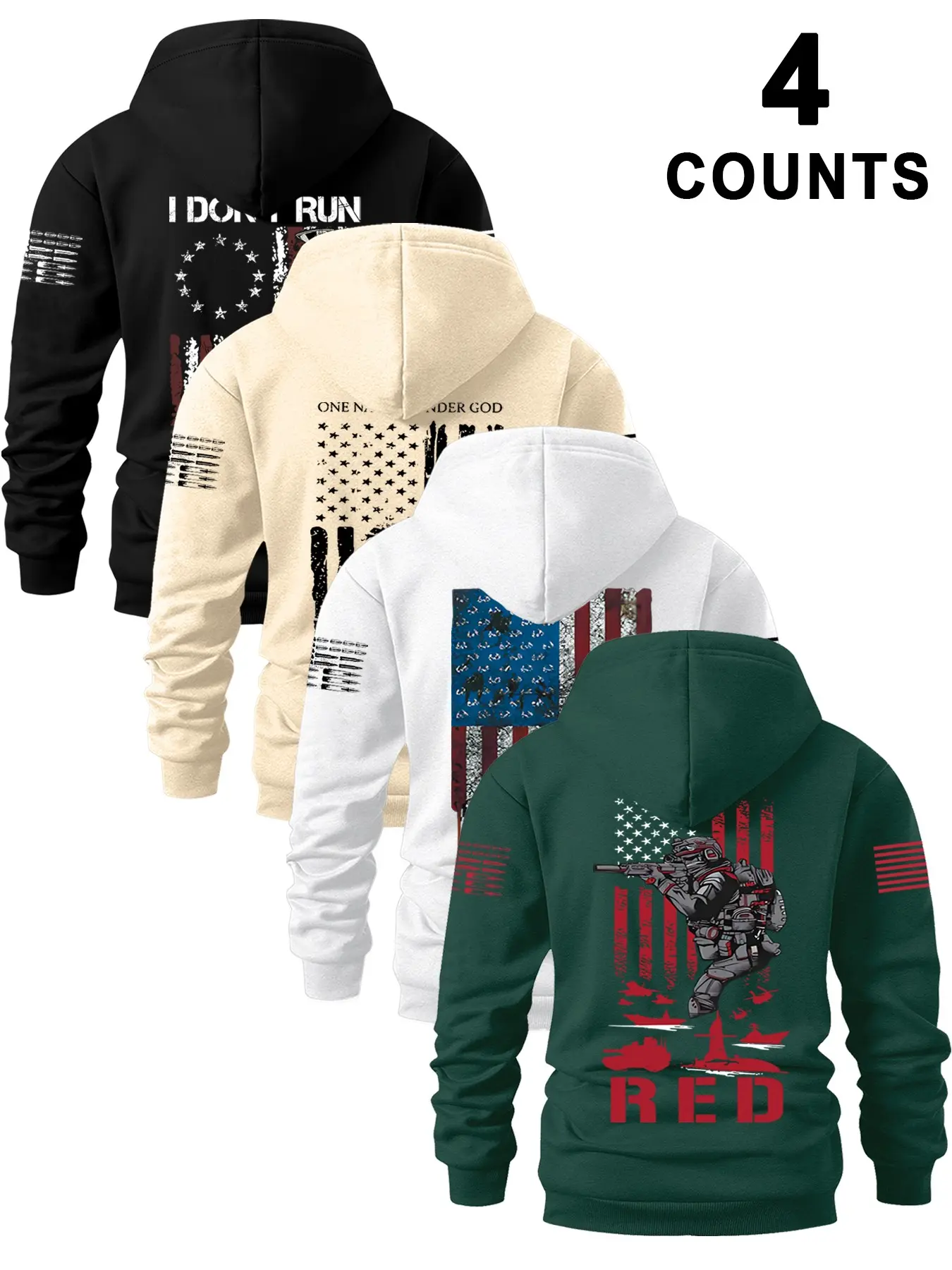4-Pack Men's Fall Winter Hooded Sweatshirts, Graphic Hoodie, Vintage Flag Print, Streetwear Style, Fitted, Unlined, Perfect Gift for Him