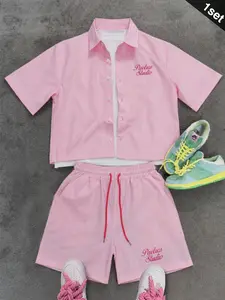 Y2K pink plaid two-piece set, casual short-sleeve shirt with elastic waist shorts, embroidered letters, casual summer outfit, street style holiday everyday wear, unisex, stylish OOTD casual wear