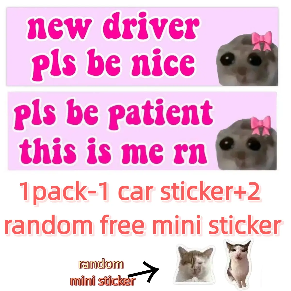 Funny Meme Sticker Pack, New Driver Decal, Sad Hamster Design, Buy One Get Two Free Mini Stickers, Perfect for Car Bumper & Window Decorations