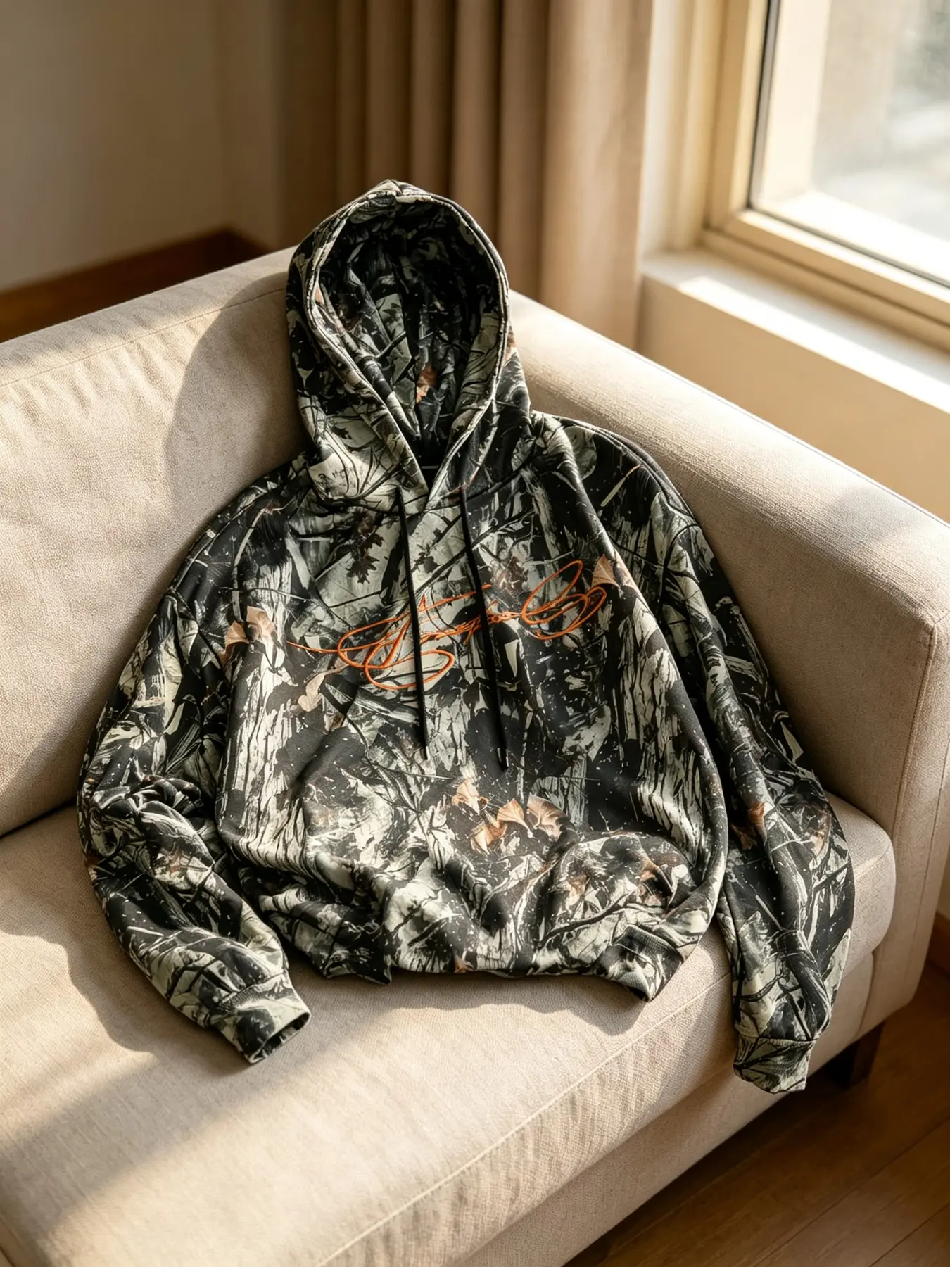 Unisex Real Tree Camo Hoodie, Vintage Forest Leaf Hunting Camouflage Sweatshirt, Orange Cursive Embroidery Oversized Hooded Top, boyfriend gifts, mens streetwear, outdoor vintage pullover, ropa de hombre, y2k camouflage hoodie for men women