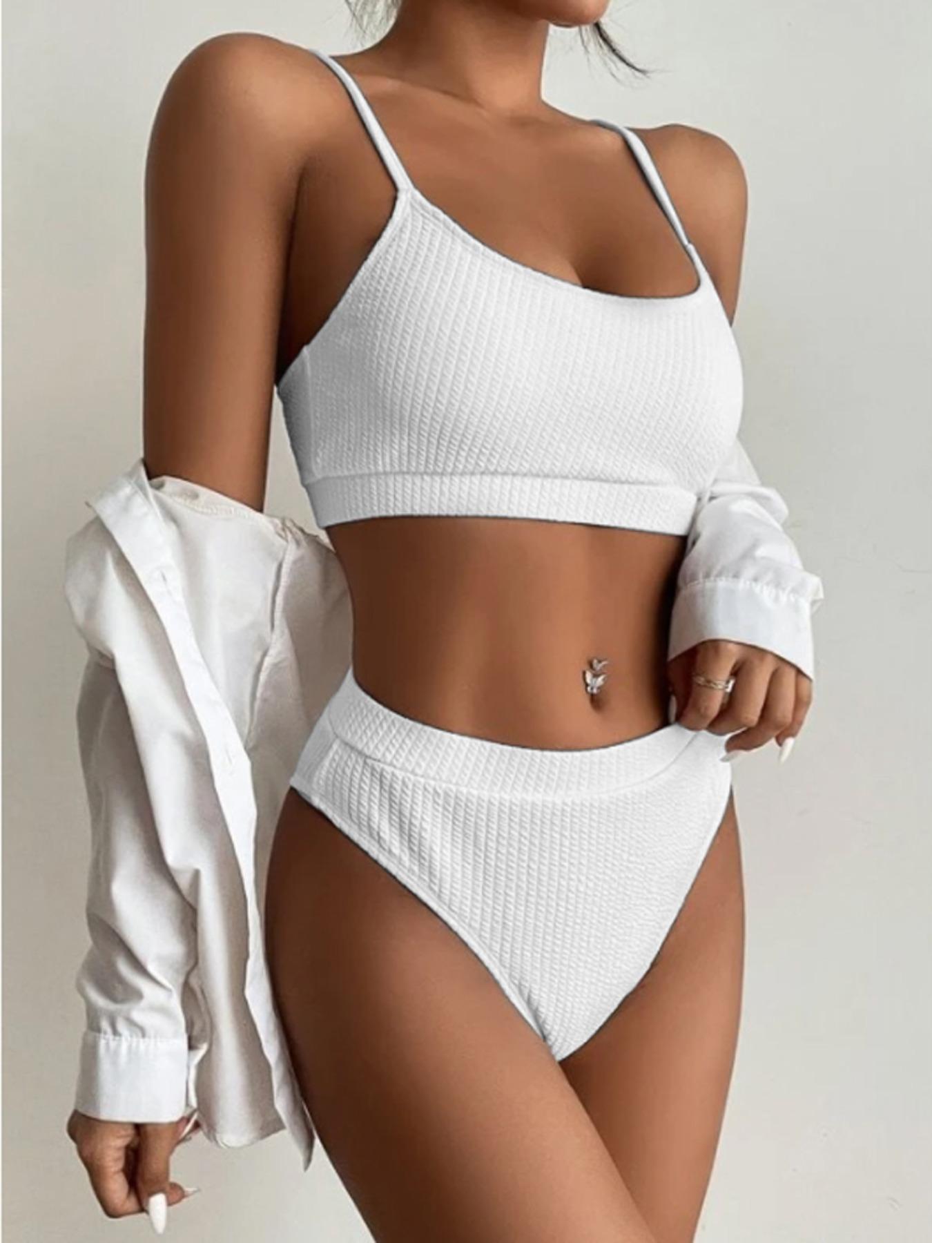 Women's Textured Bikini Set, Fashion Adjustable Strap Swim Top & High Waist Swim Bottom, Ladies Summer Clothes