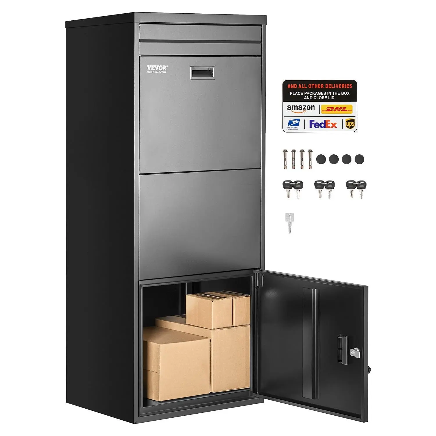 VEVOR Package Delivery Boxes for Outside, 47.2 in Mailbox for Parcel with Lock, Galvanized Steel Package Drop Box with Anti-Theft Design, Weather-Resistant Package Mailbox for Home and Office, Black