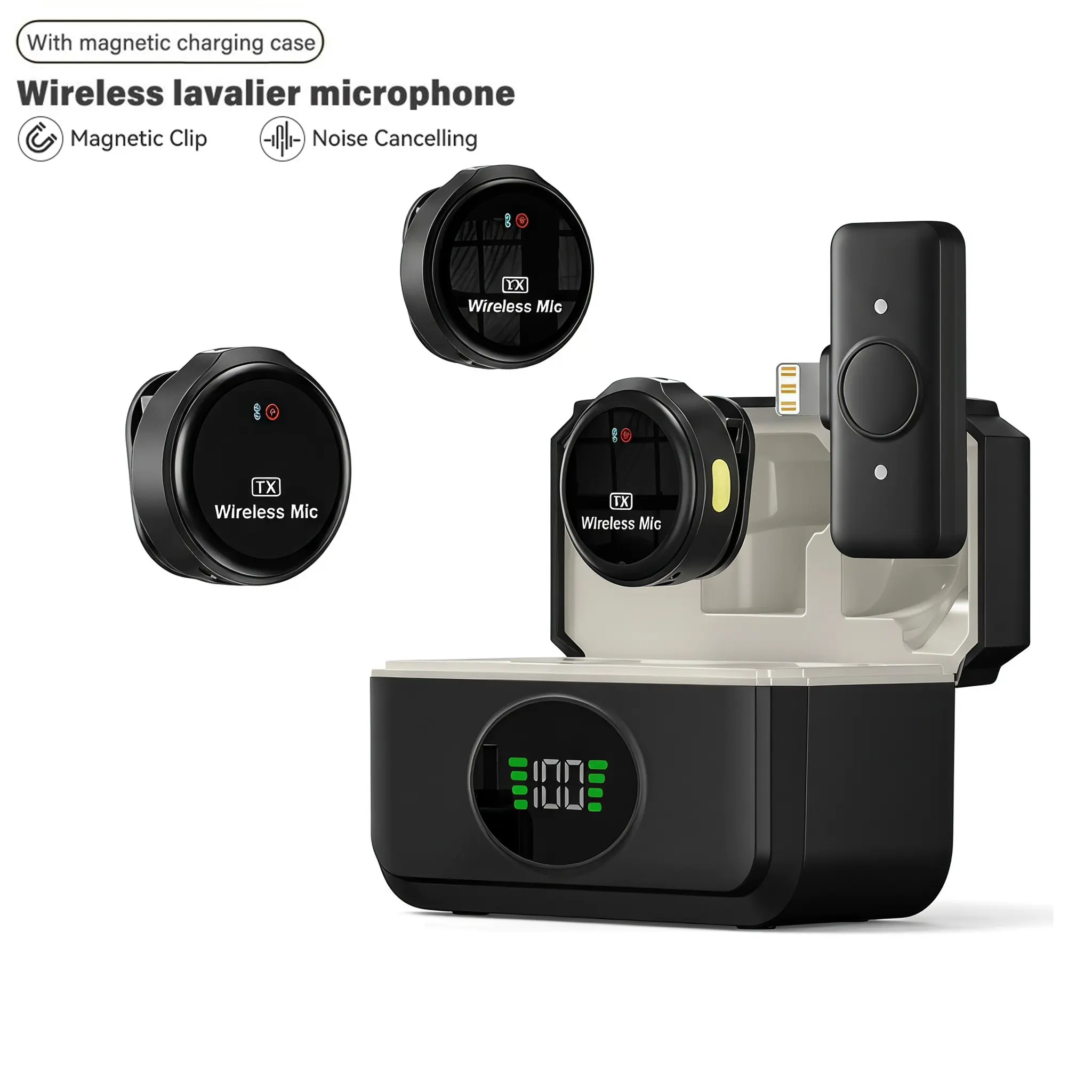 48H long battery life+portable charging case, Q8 wireless mini lavalier microphone ultra light body, 3-level intelligent noise reduction, Noise cancellation, automatic limit compatible with iOS 14 and below, Android, Vlog/live streaming