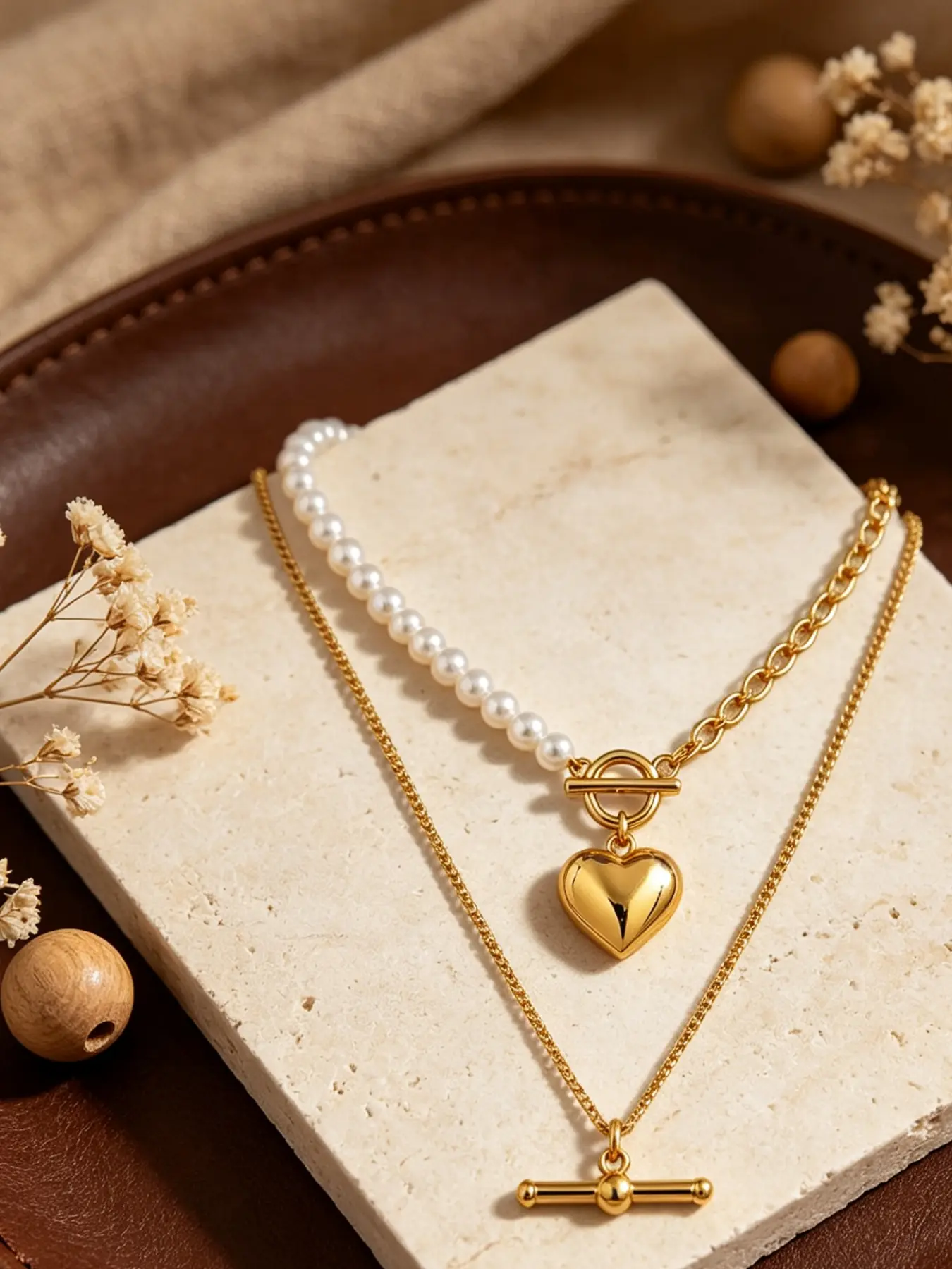 Viral Minimalist Double Layer Pearl Heart Toggle Necklace Gold T Bar Stackable Choker Aesthetic Daily Jewelry