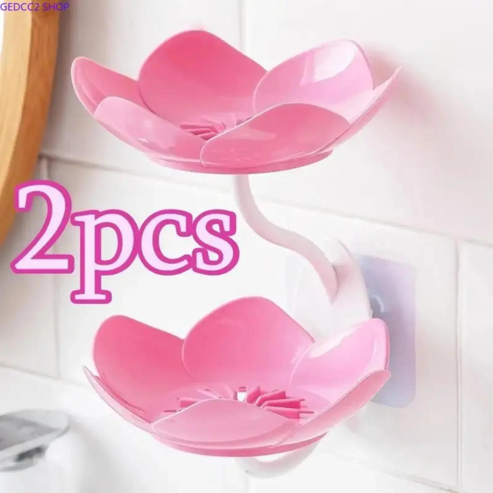 2pcs Plastic Soap Dish Holder for Shower Bar, Double Layer Lotus Shape, Adhesive Tray, Wall Mounted, No-Drilling, Self Draining, Bathroom Accessory, Soap Saver