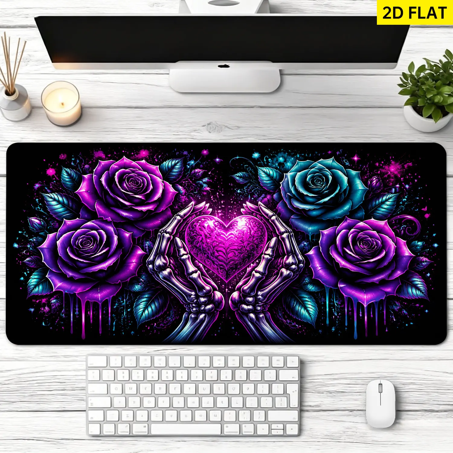 Extra Large neon gothic rose skeleton hand heart Mouse Pad,Non Slip Rubber Pad,Desktop Decoration Drotection Pad,Washable,Lock Edge Multi Size,Premium Multipurpose Mousepad For Home,Office,Gift for Family and Friends
