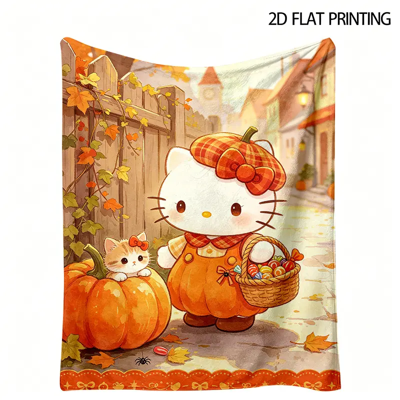 Hello Kitty Autumn Town Halloween Printed Blanket, Plaid Pumpkin Costume Kitten Pattern Blanket, Comfortable Indoor Decorative Blanket, High-Quality Seasonal Gift for Sanrio Fans