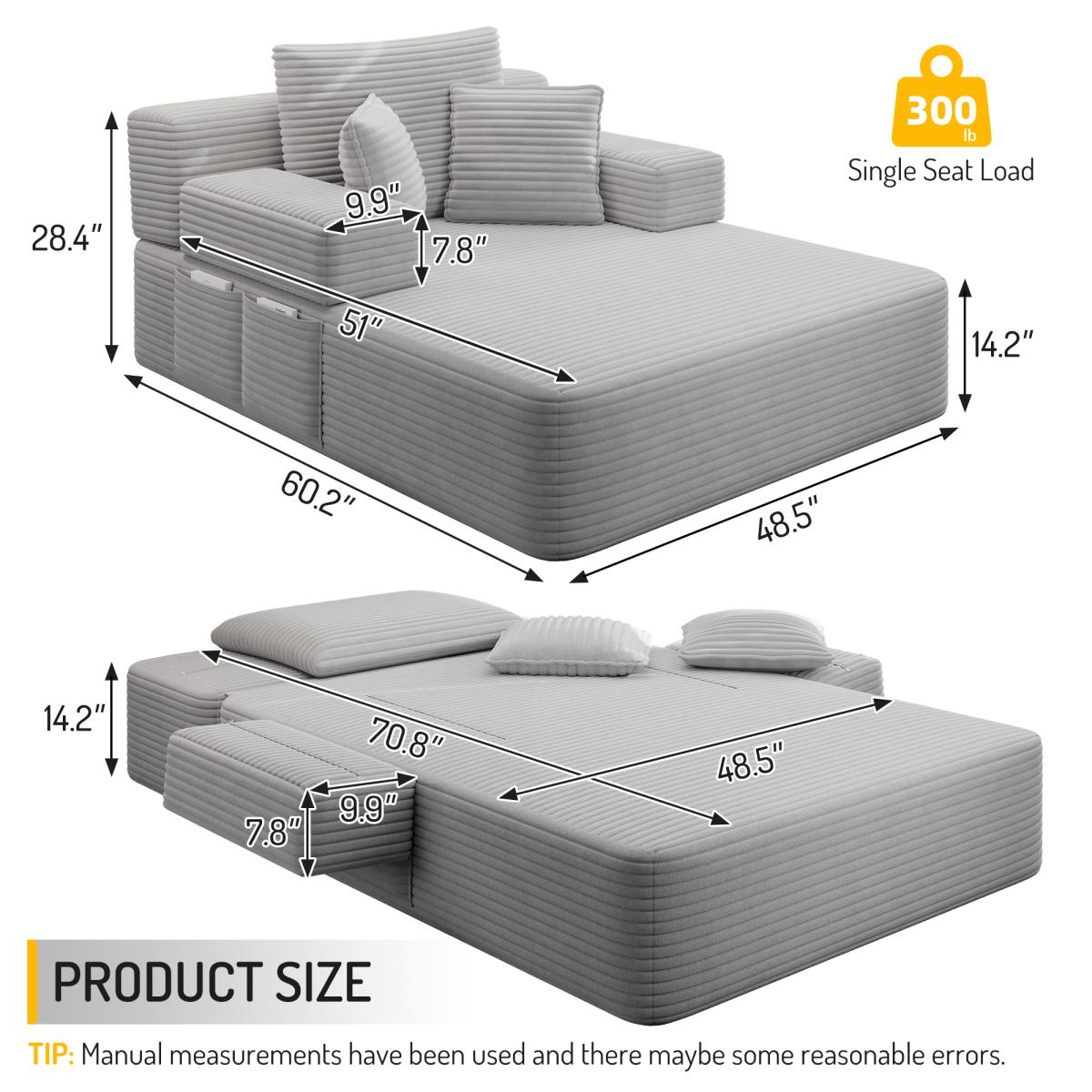 Luxurious Plush Corduroy Chaise Lounge with 3 Pillows, Convertible Sofa Bed with Storage Pocket, Frameless Design & Compression Foam for Small Spaces, Living Room, Apartment,Light Grey