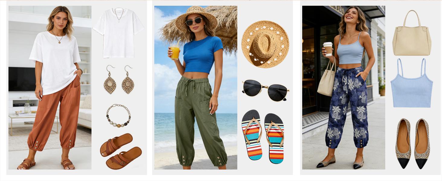 Women's Casual Lantern Tapered Harem Pants Loose Fit Style Flax Ankle Trousers Summer Baggy Slacks with Pocket bottoms outfits