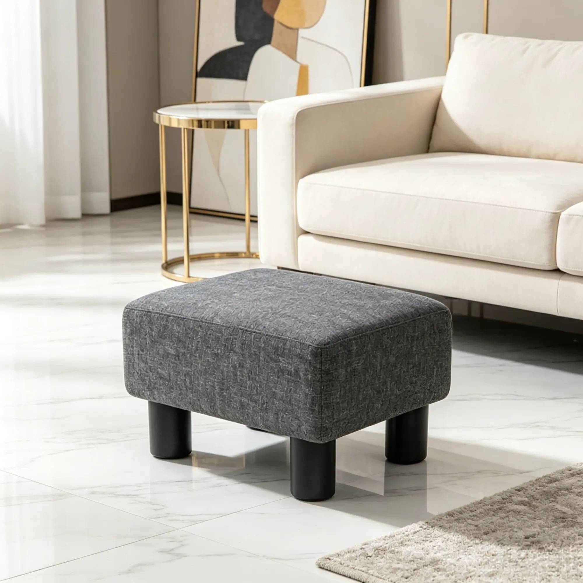Small Charcoal Gray Linen Cube Ottoman Foot Stool - Cube Shape Foot Rest with Sturdy Plastic Legs for Cozy Indoor Seating