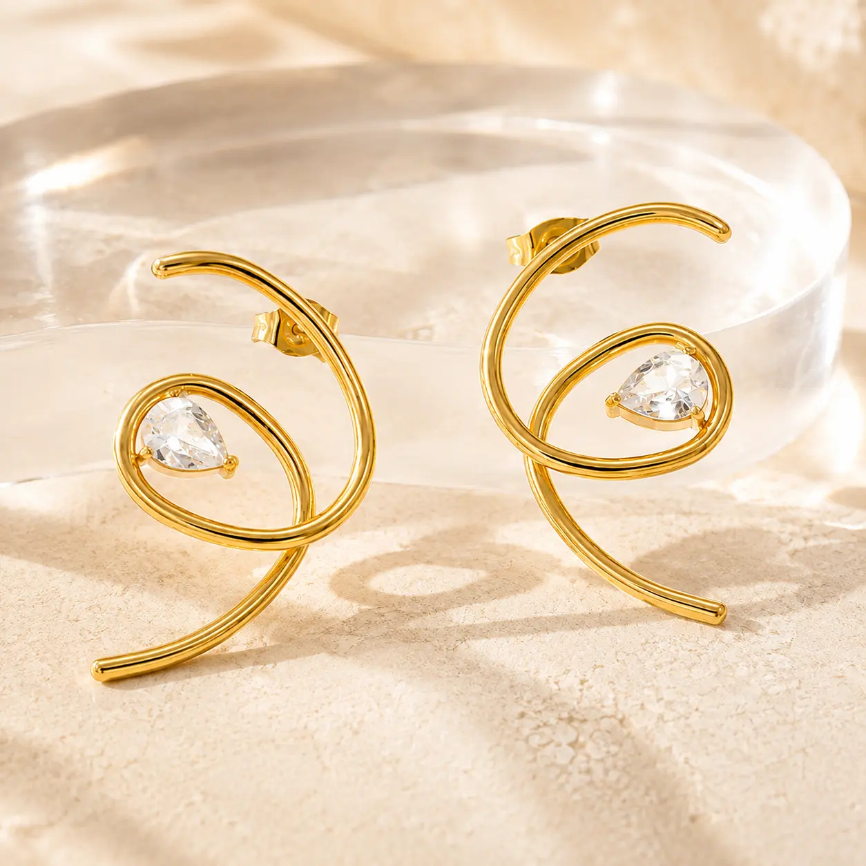 18K Gold Plated Spiral Earrings for Women, CZ Teardrop Twist Earrings, Waterproof Hypoallergenic Stainless Steel Jewelry, Minimalist Everyday Statement Earrings