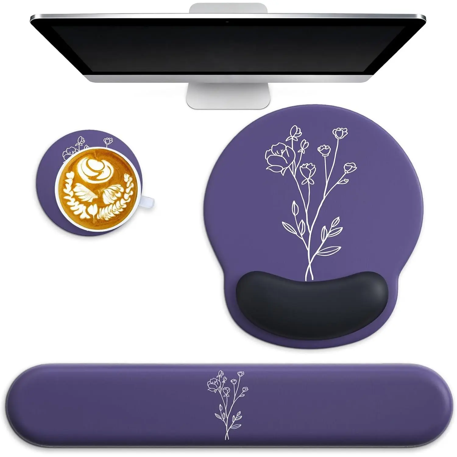 3 in 1   Pad and Keyboard Wrist Rest with Coaster Set- | Cute Large Mousepad with Gel Wrist Support for Gaming  Laptop Women Office  Desk Decor