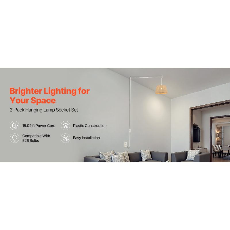 VEVOR Plug in Hanging Light Cord Kit, 16ft Lantern Extension Cords, 2 Pack E26 Light Socket Lamp Cord Replacement, Secure Sturdy, Easy to Install, Pendant Lamp Kit On/Off Switch Socket Rings VEVOR Plug in Hanging Light Cord Kit, 16ft Lantern Extension Cords, 2 Pack E26 Light Socket Lamp Cord Replacement, Secure Sturdy, Easy to Install, Pendant Lamp Kit On/Off Switch Socket Rings