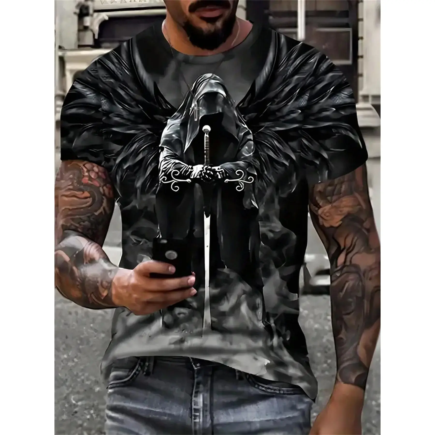 Men's Gothic T-Shirt with Dark Angel Reaper Graphic, Lightweight Fabric Streetwear with Smoky Shadows for Gym & Halloween Fashion, Shortsleeve, Graphic Tees, Classic, Soft