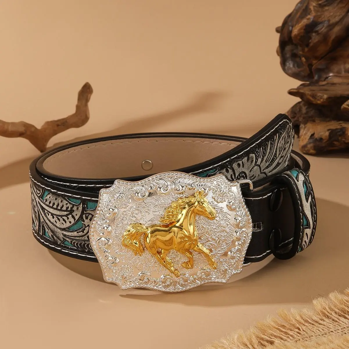 【WeeklyDeals】Vintage southwestern cowboy belt for men, ornate silver engraved buckle with gold galloping horse & turquoise feather detail, available in black and dark brown, perfect for boho western outfits, rodeo events, ranch wear and festival styling