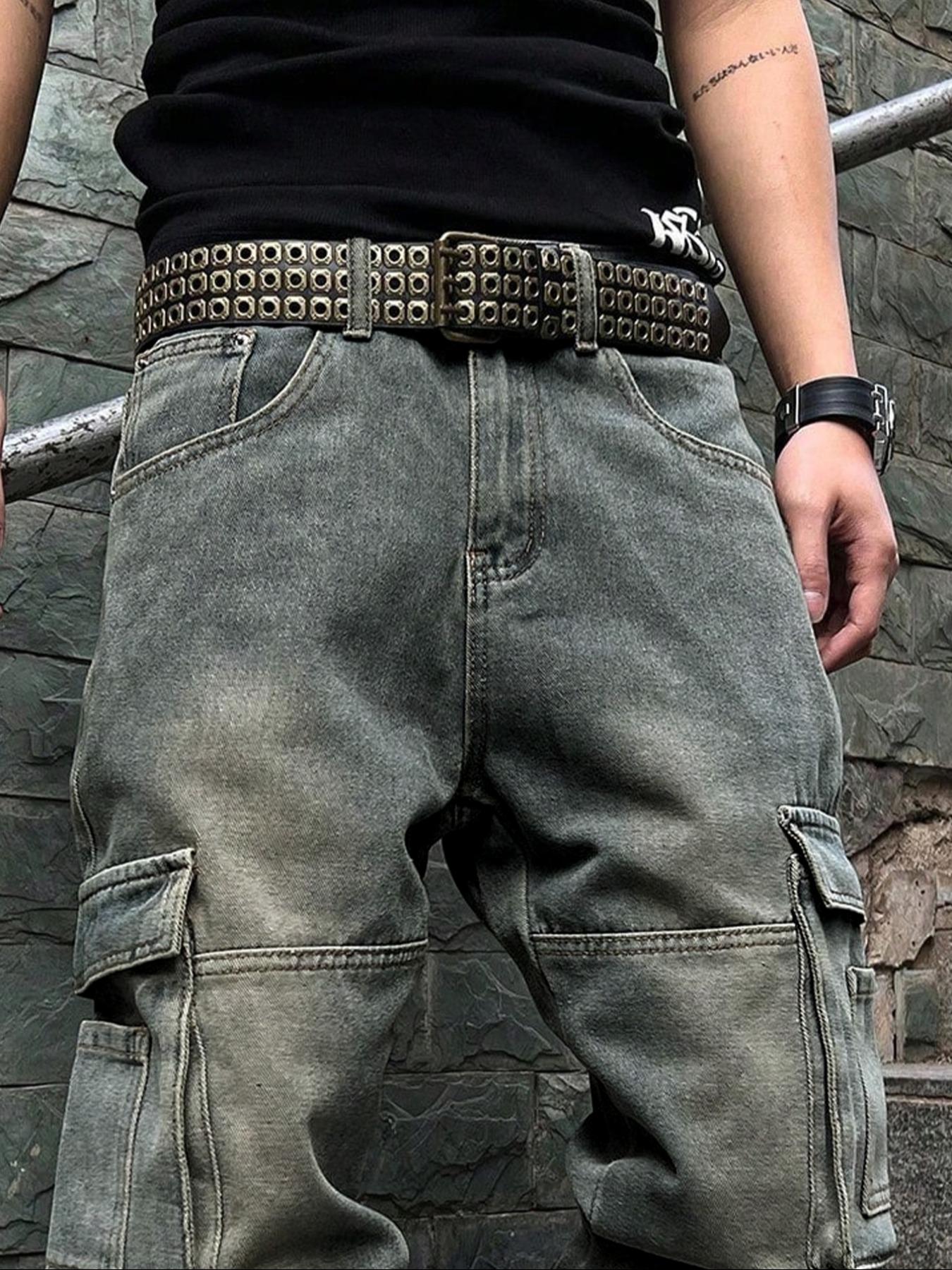 Men's Pioneer Trend Heavyweight Washed Vintage Street Casual Workwear Jeans Extra-Long Straight Loose Fit | Multi-Pocket Design for All Seasons | Button Closure Ideal for Men's Daily Wear