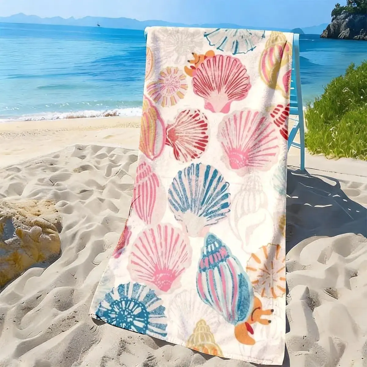 Quick-Dry Beach Towel With Colorful Shell Print, Reusable Non-Shedding Swim and Bath Towel, Portable Travel Towel for Vacation, Lightweight Absorbent Fast-Drying Tropical