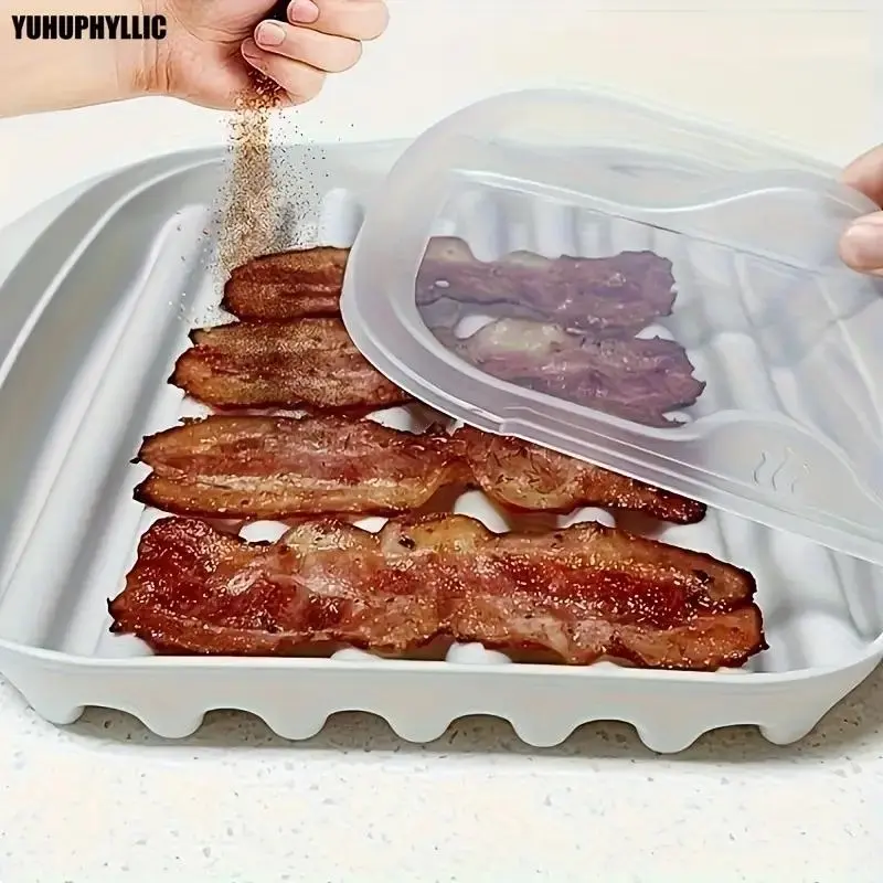 1 Counts  Microwave Bacon Cooking Tray Bakeware with Lid - Non slip, Drainage Design, Suitable for Fat Bacon and Sauces, Quick Meal Preparation, Dishwasher Safe, Durable PP Material, Kitchen Essential, Baking Essentials