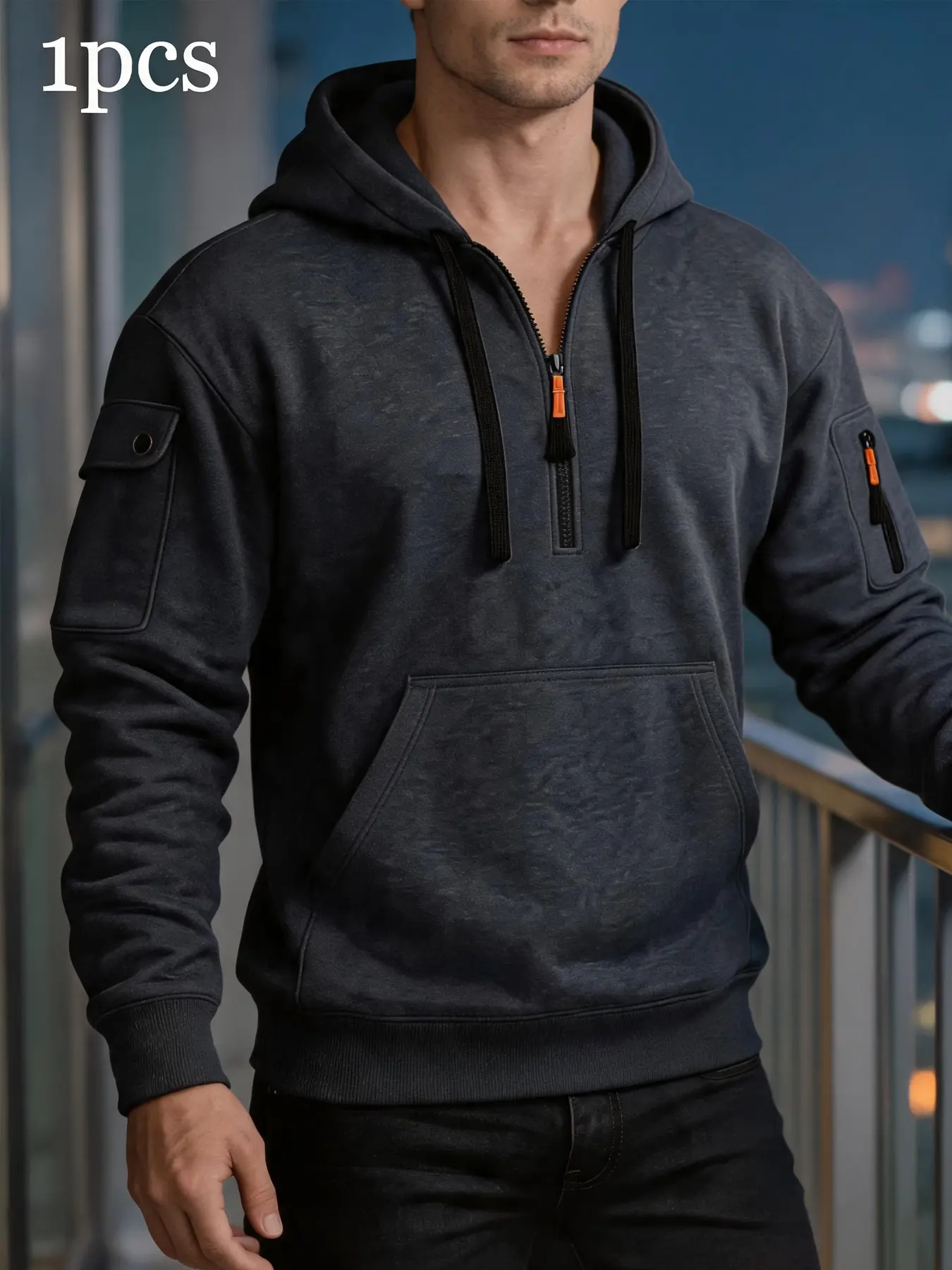 High‑Quality Men's Cargo Pullover Hoodie, Half‑Zip Closure 3D Pockets Trendy Long‑Sleeve Shirt For Daily Travel