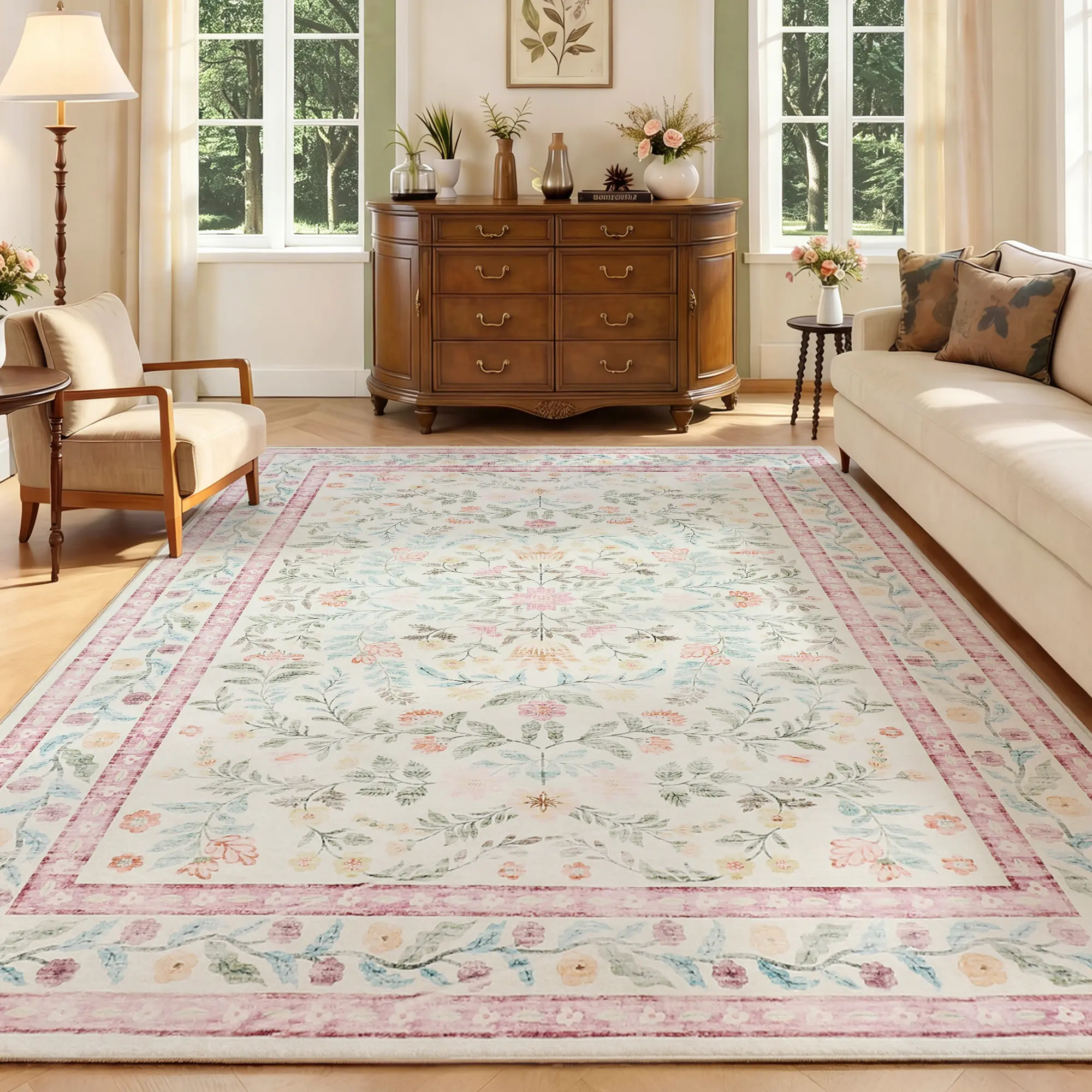 Washable Area Rug for Living Room - Soft Low Pile, Non-Slip, Decorative Floral Style - Great for Bedroom & Dining Room