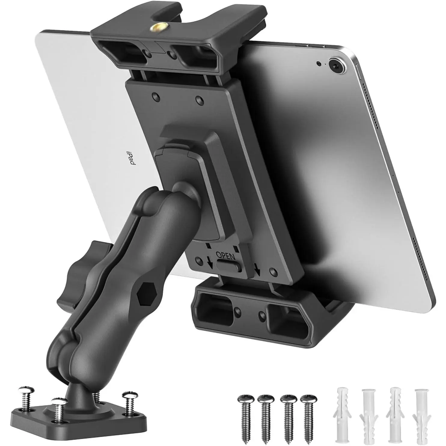 Car Tablet Holder - Heavy Duty Drill Base, Tablet Mount for Truck Compatible with iPad Samsung Tab 5"-13" Tablets and Phones, iPad Stand for Wall/Business/Vehicle/Desktop, etc.-4-inch Arm