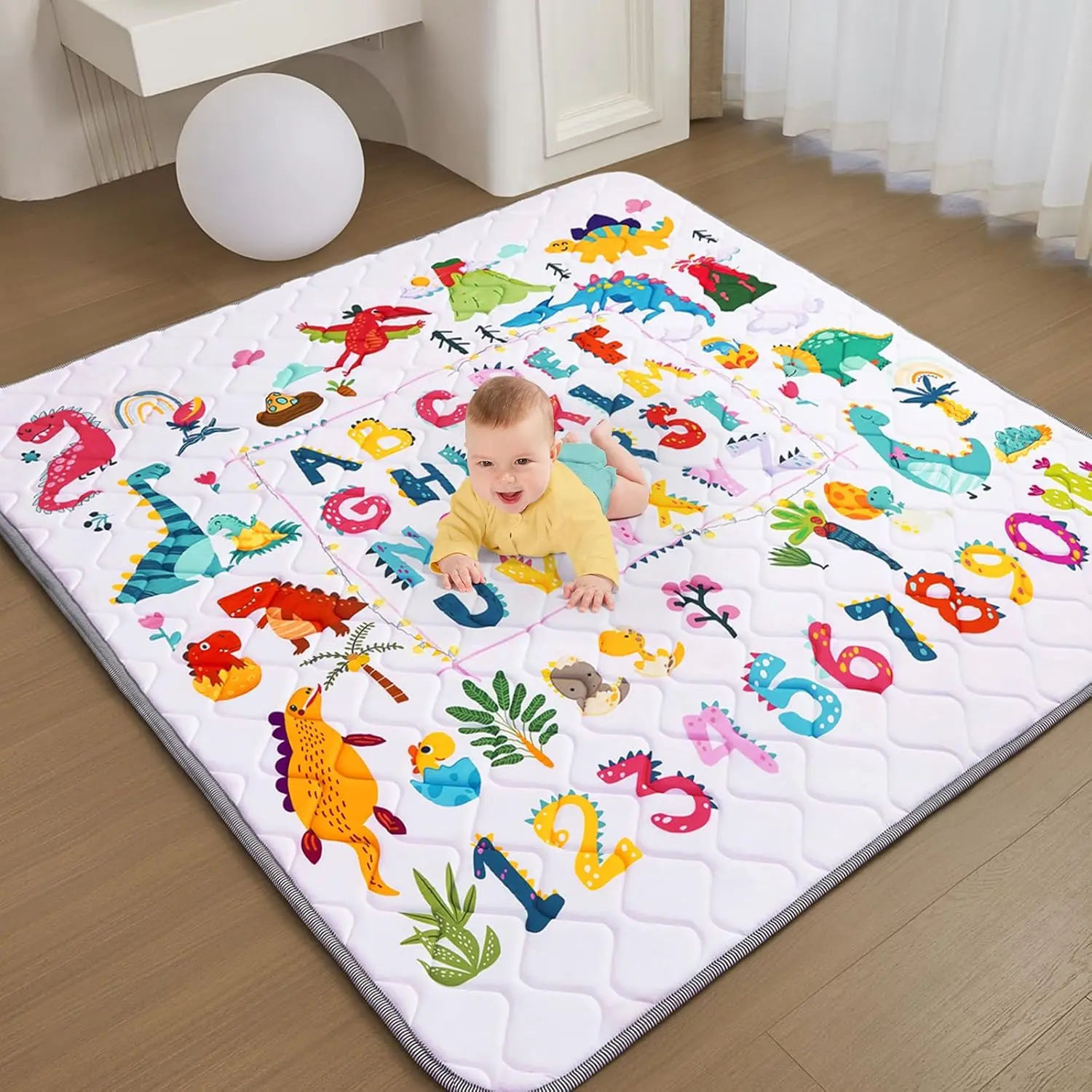 Baby Play Mat - Thicken 50x50 Inch Soft Foam Crawling Mat  Playpen & Floor, Non-Slip Waterproof Playmats  Infants & Toddlers, Portable Foldable & Machine Washable, Dinosaur & Letters