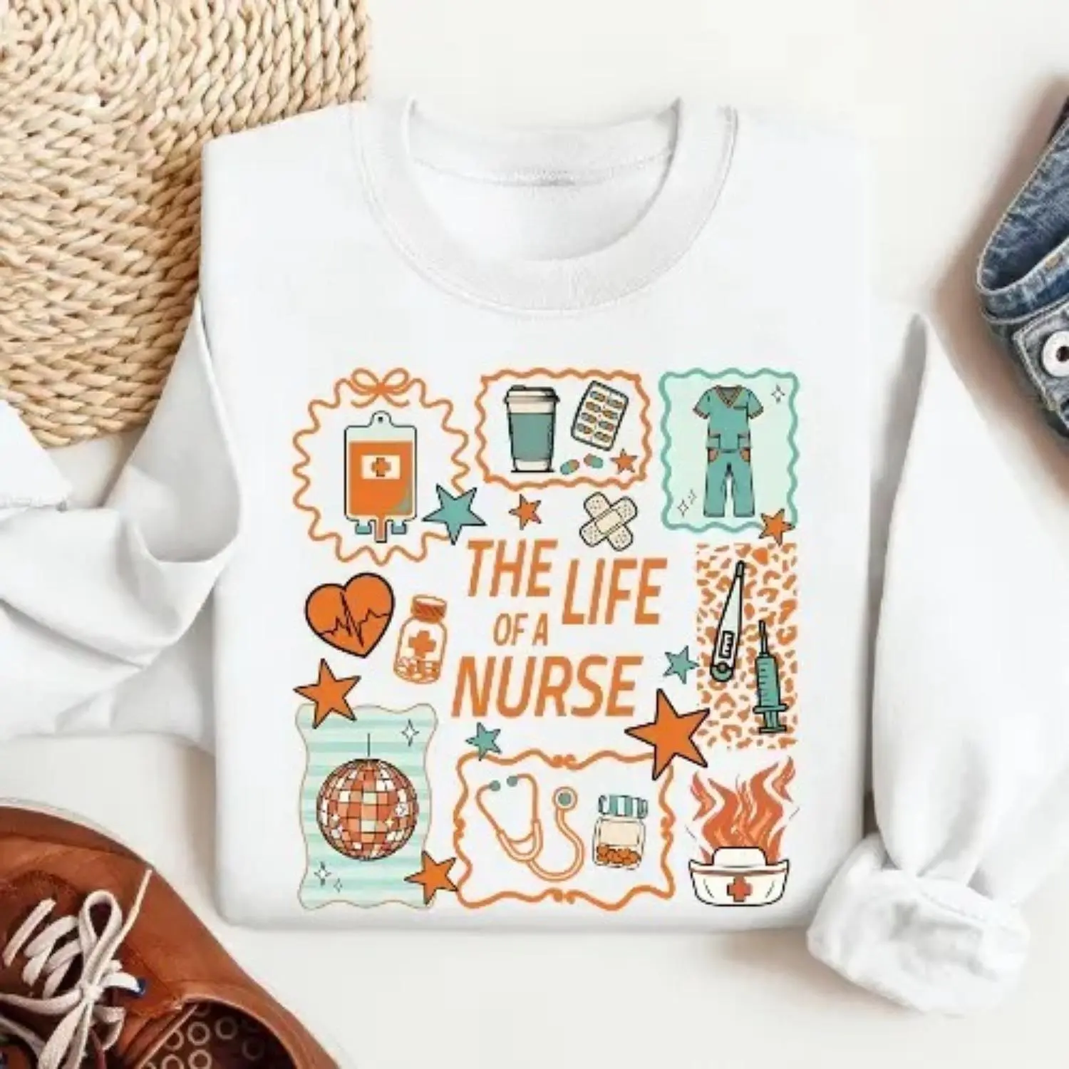 Women's Aesthetic Vintage Nursing Crewneck Pullover Hoodie - Smooth Polyester Fabric, Kangaroo Pocket Style, RN/LPN/NP Hospital Gift, Music Lover Graphic, Pair with Jeans, Leggings, Vibe, Ribbed, Nurse, Sweatshirt, Oversized, Jackets, Essential, Crew Neck